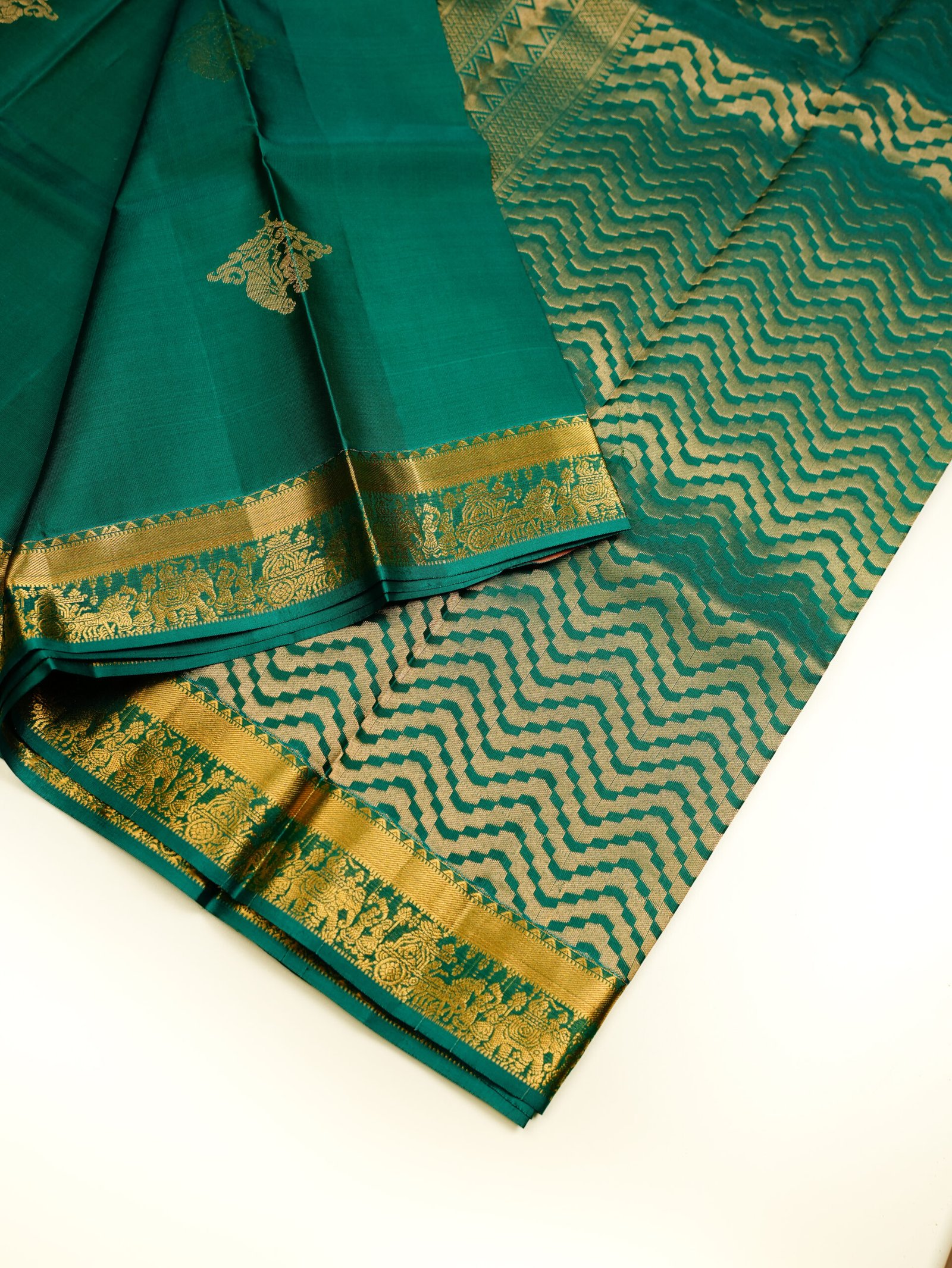 Dark Sea Green Pure Kanchipuram Saree - Image 2