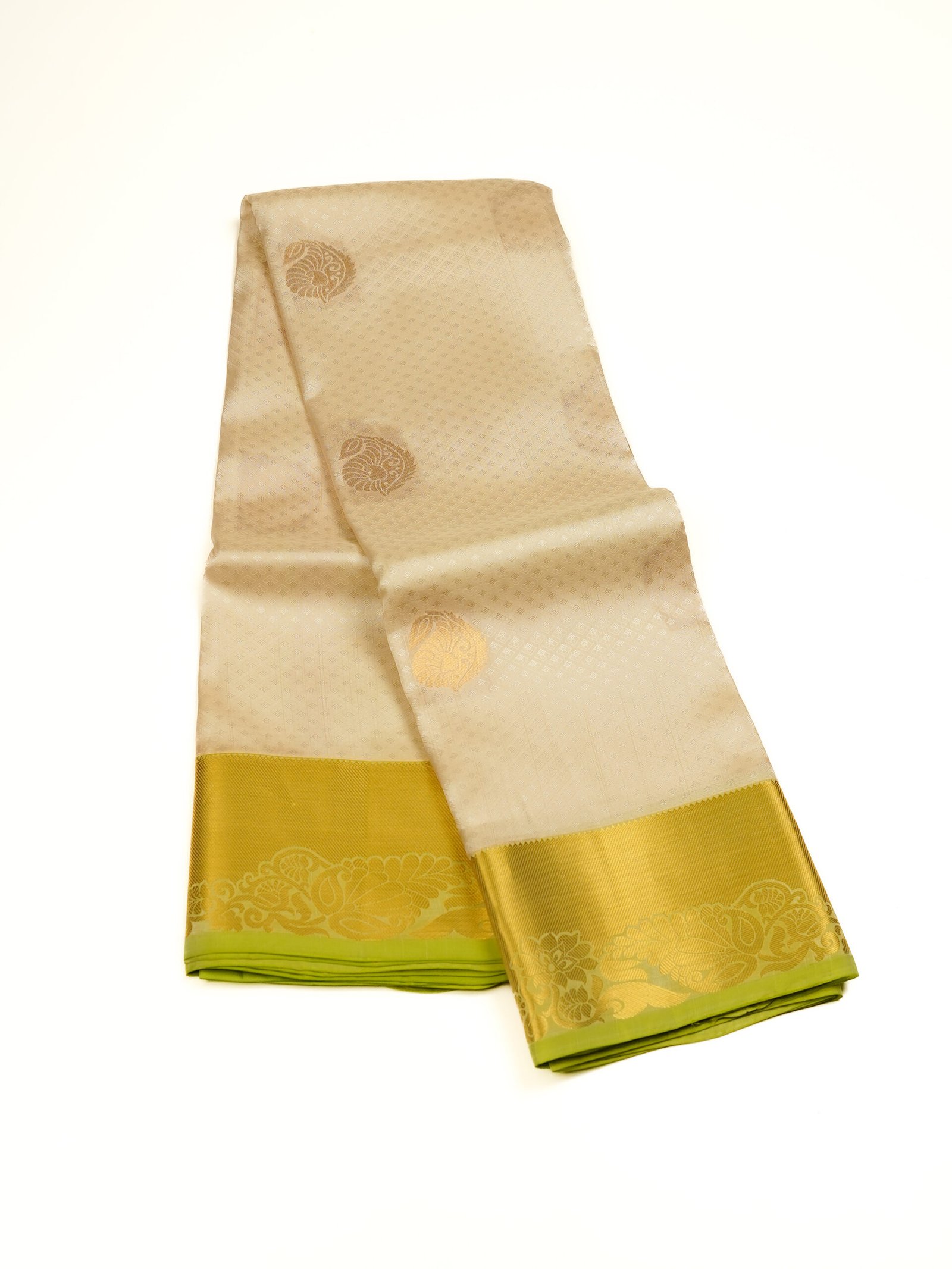 Cream & Pista Green Kanchipuram Silk Saree - Image 3