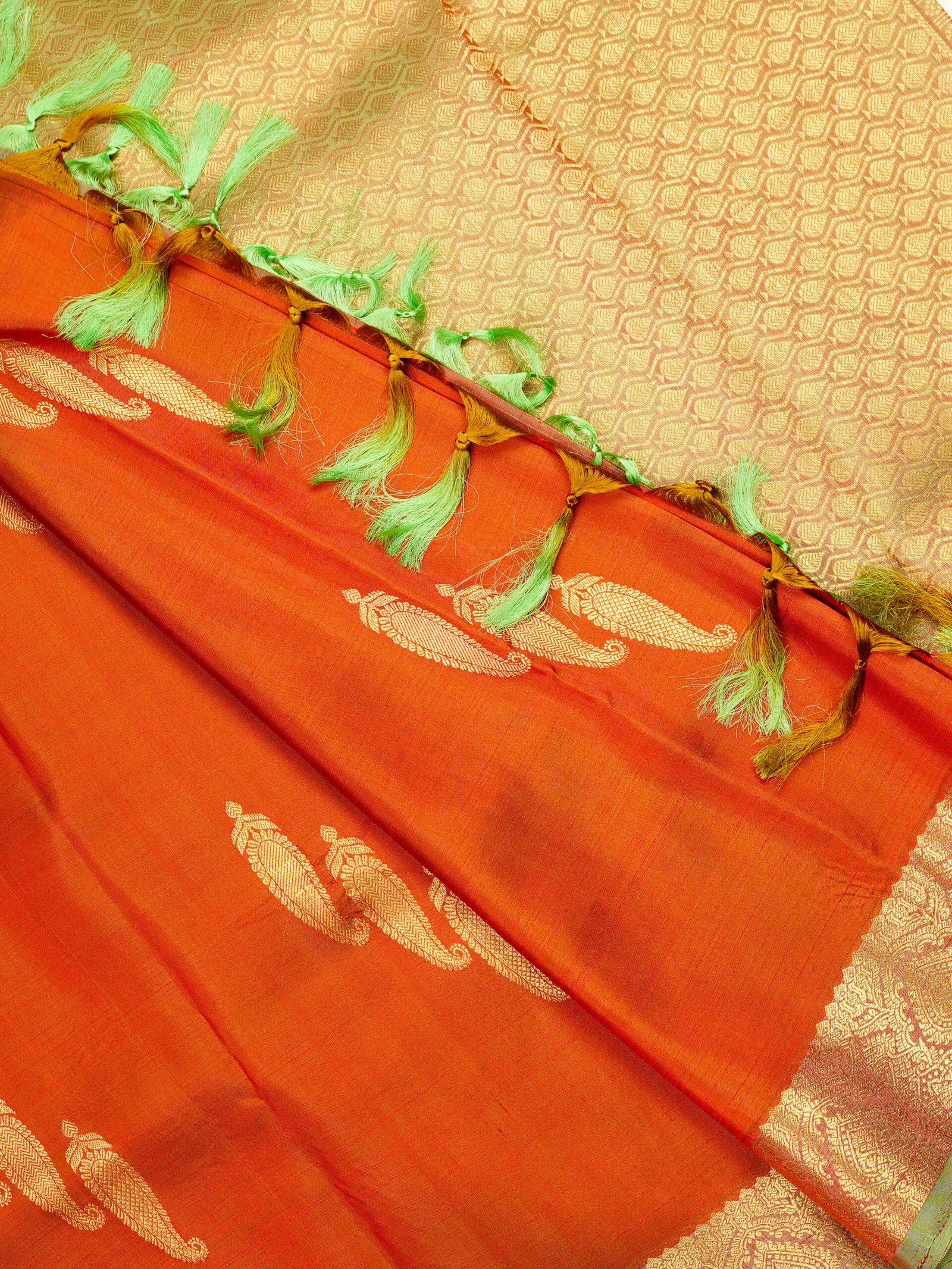 Terracotta & Olive Green Pure Kanchipuram Saree - Image 2