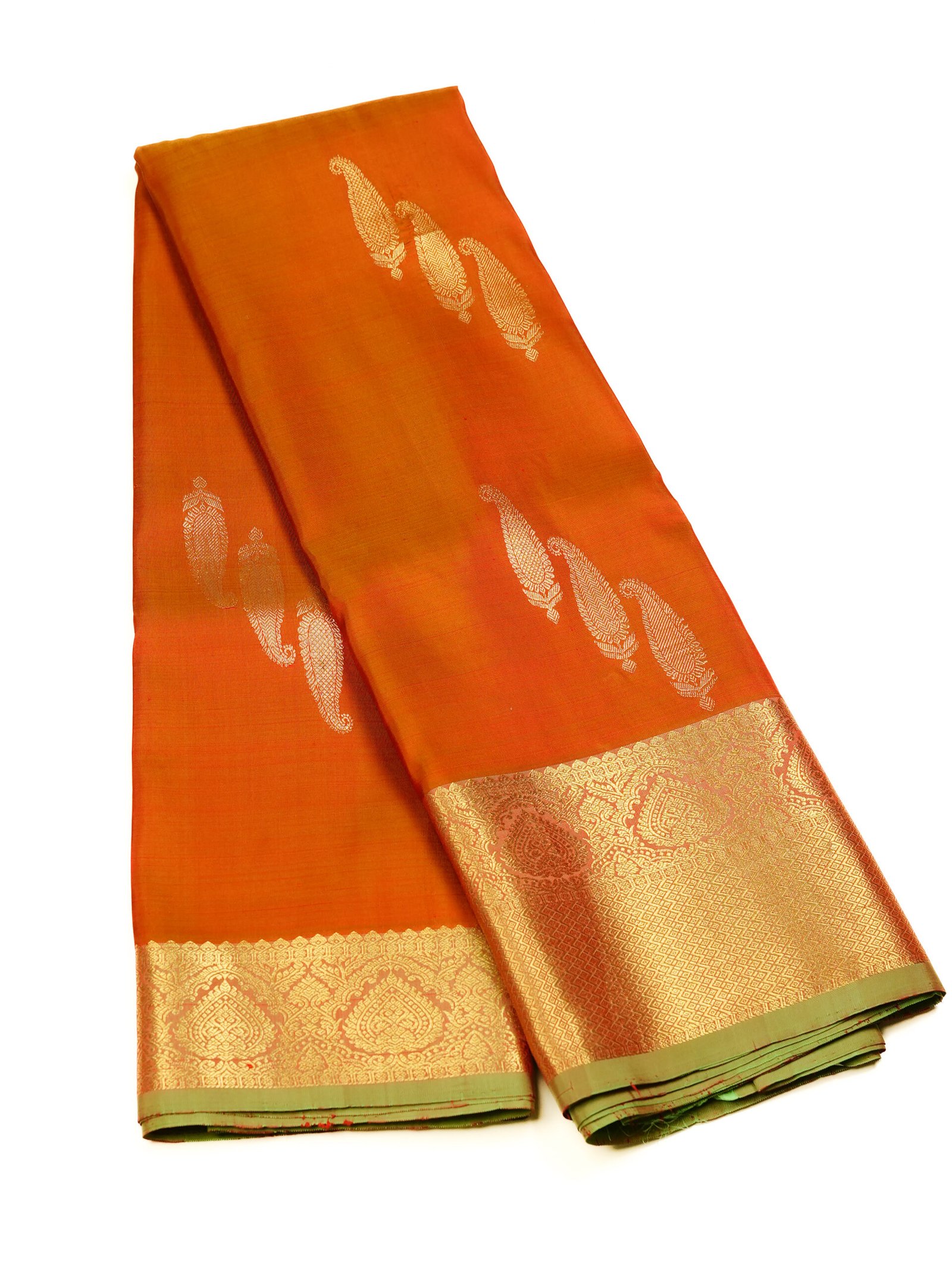 Terracotta & Olive Green Pure Kanchipuram Saree - Image 3
