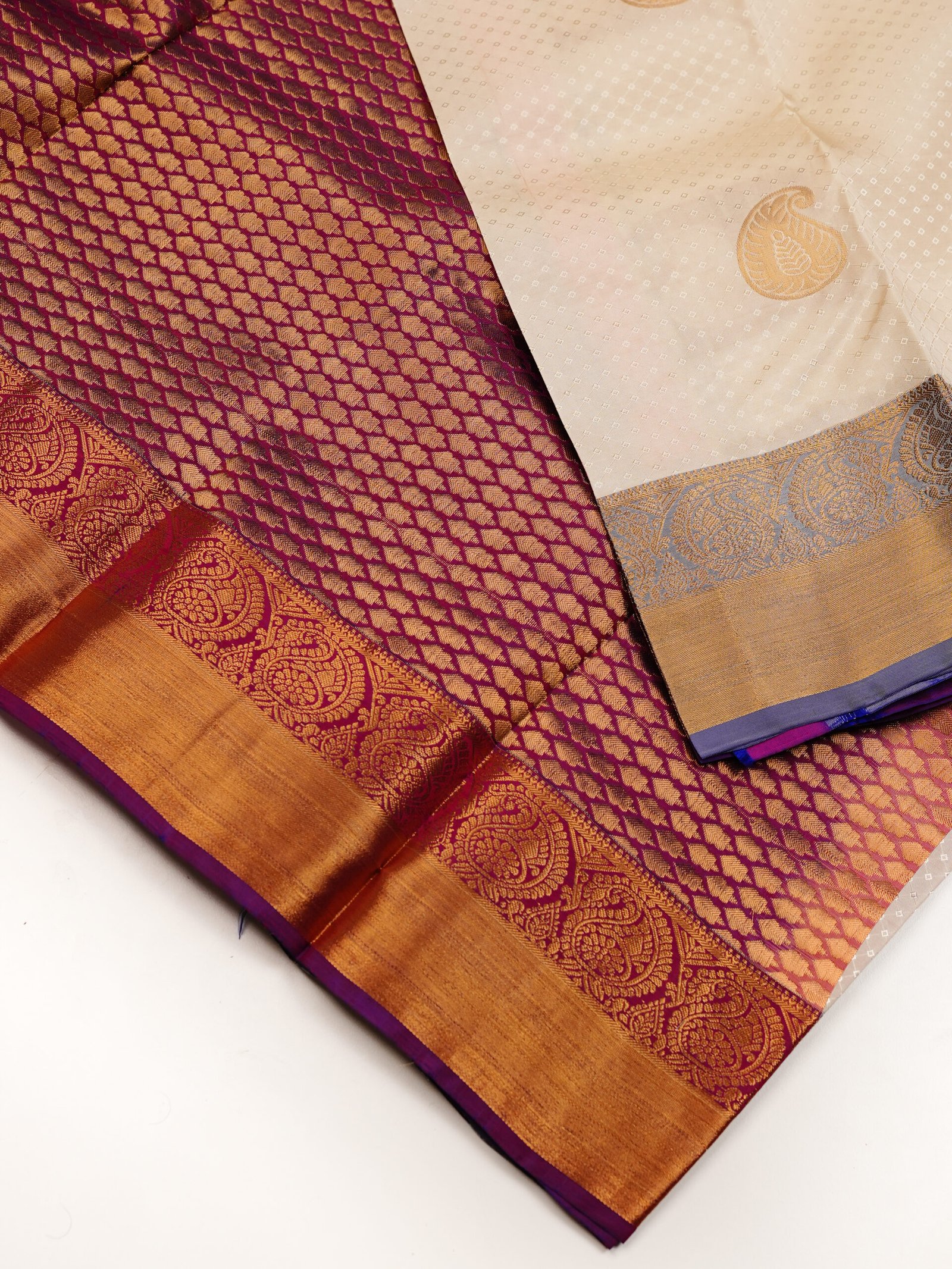 Ivory Cream & Lavender Blue Pure Kanchipuram Saree - Image 2