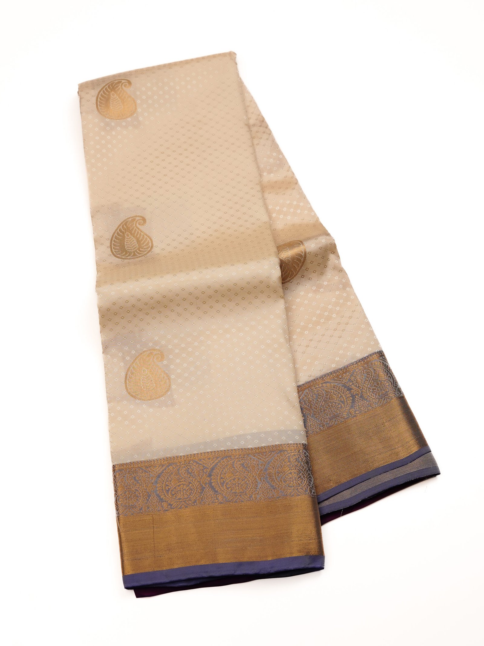 Ivory Cream & Lavender Blue Pure Kanchipuram Saree - Image 3