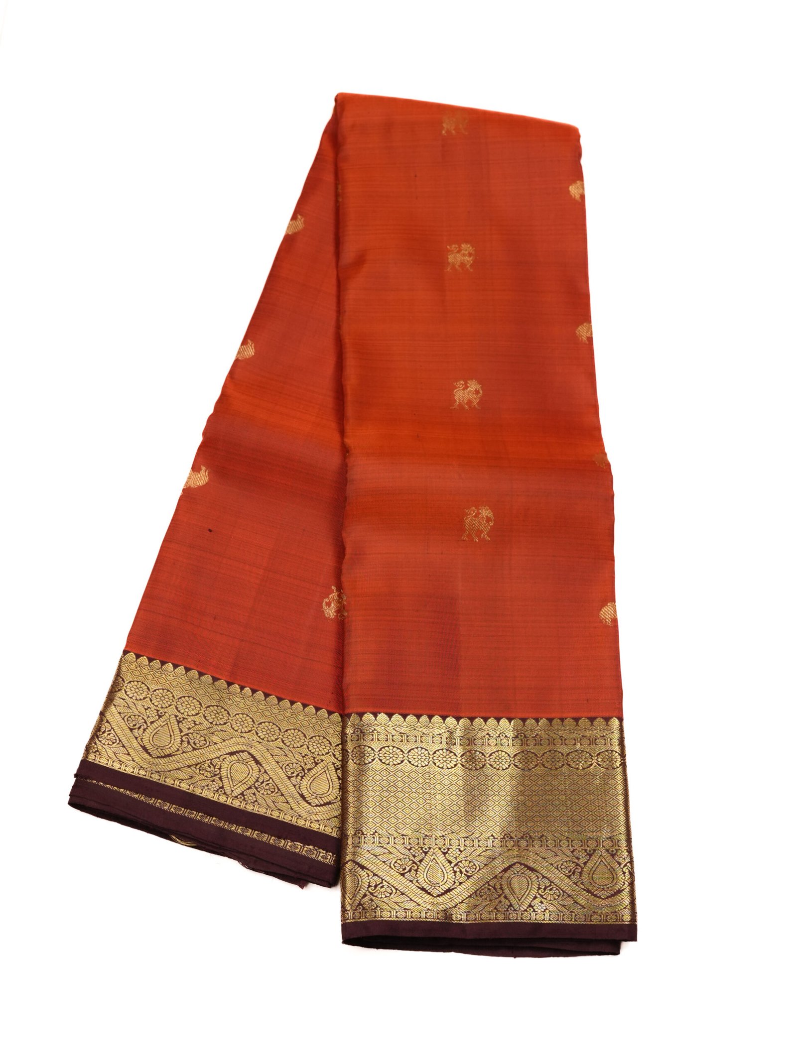 Rust Orange & Brown Pure Kanchipuram Silk Saree - Image 3