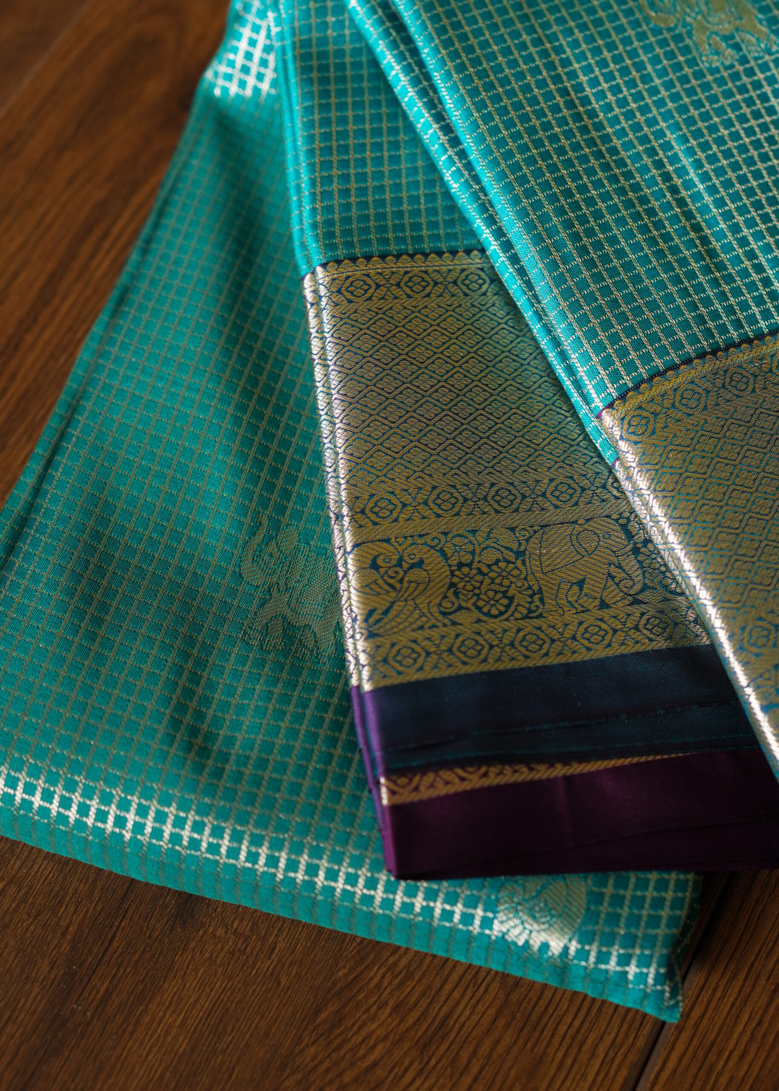 Turquoise Blue Semi Kanchipuram Saree - Image 2