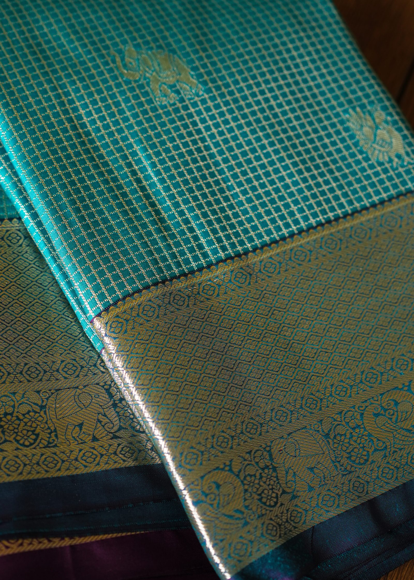 Turquoise Blue Semi Kanchipuram Saree - Image 3