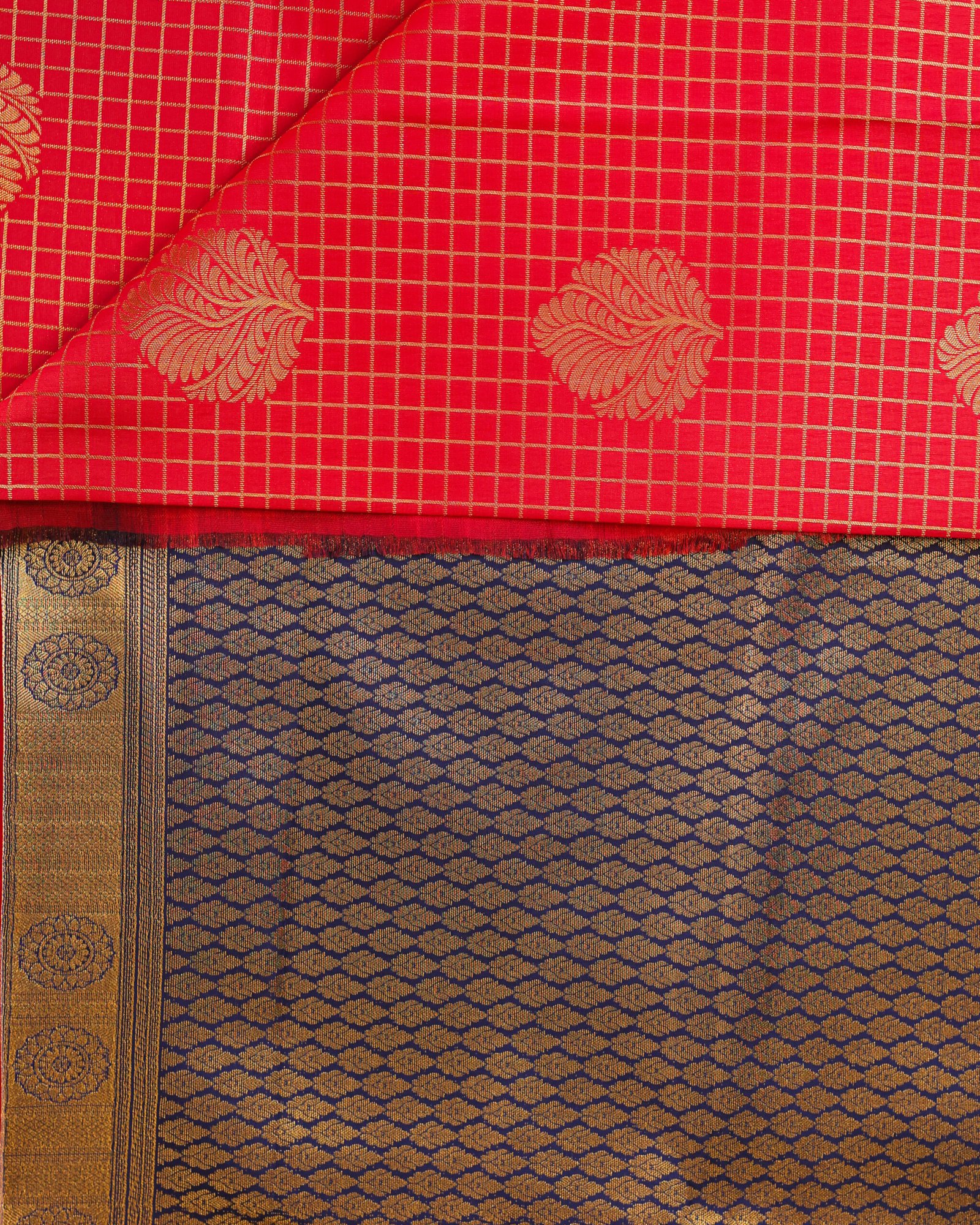 Red Semi Silk Check Saree - Image 2