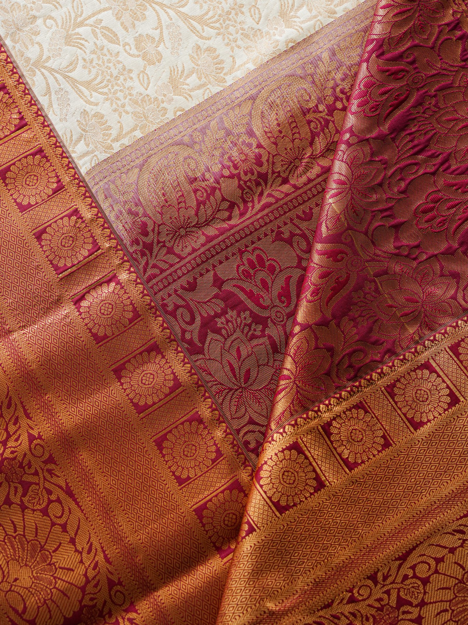 Cream & Maroon Silk Brocade Saree - Image 2