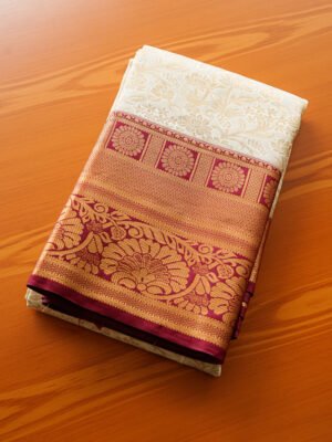 Cream & Maroon Silk Brocade Saree