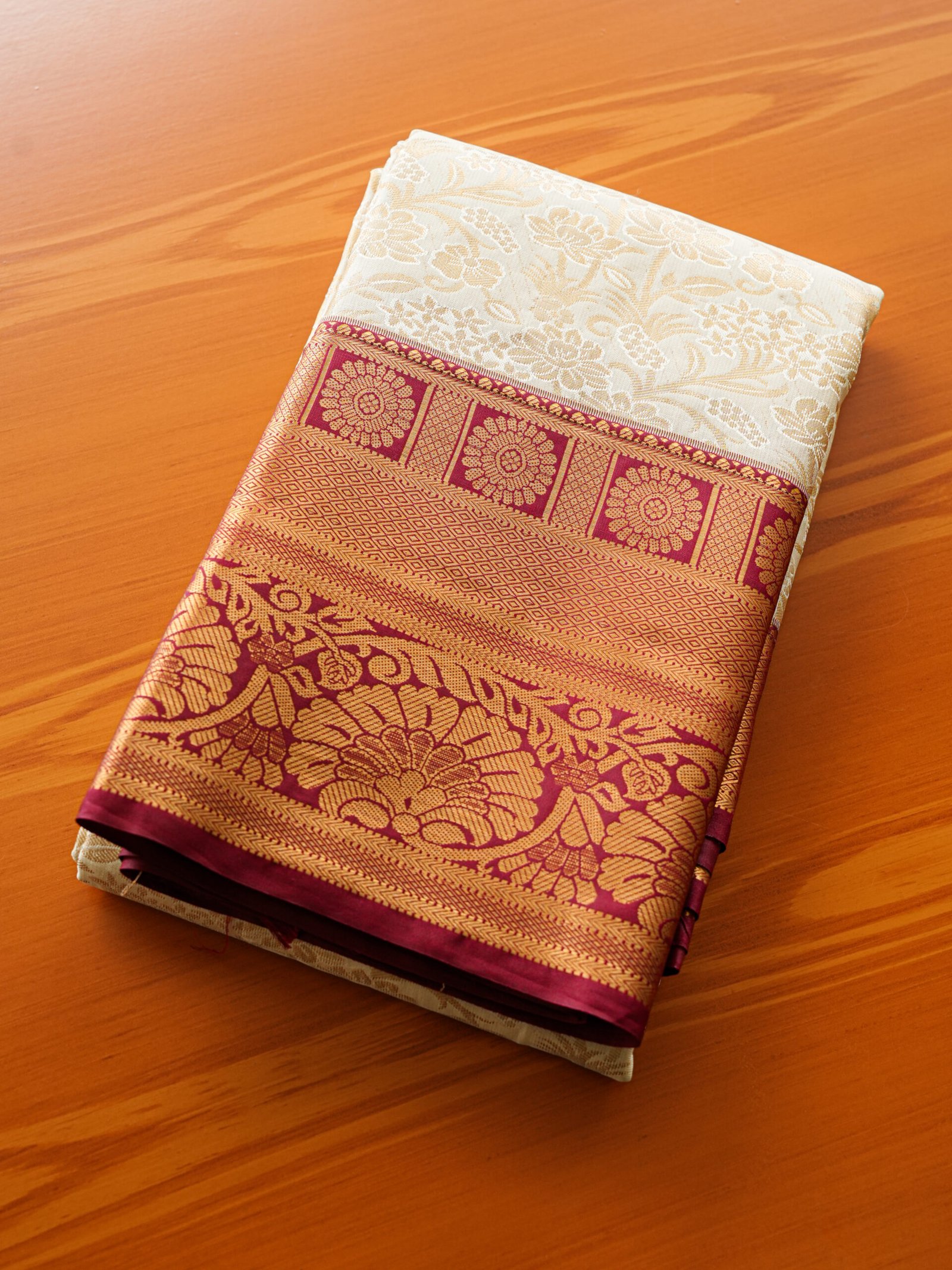 Cream & Maroon Silk Brocade Saree