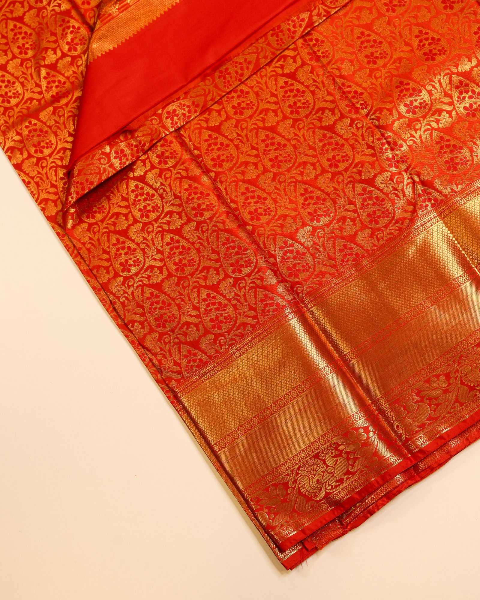 Bright Vermilion Red Brocade Saree - Image 2