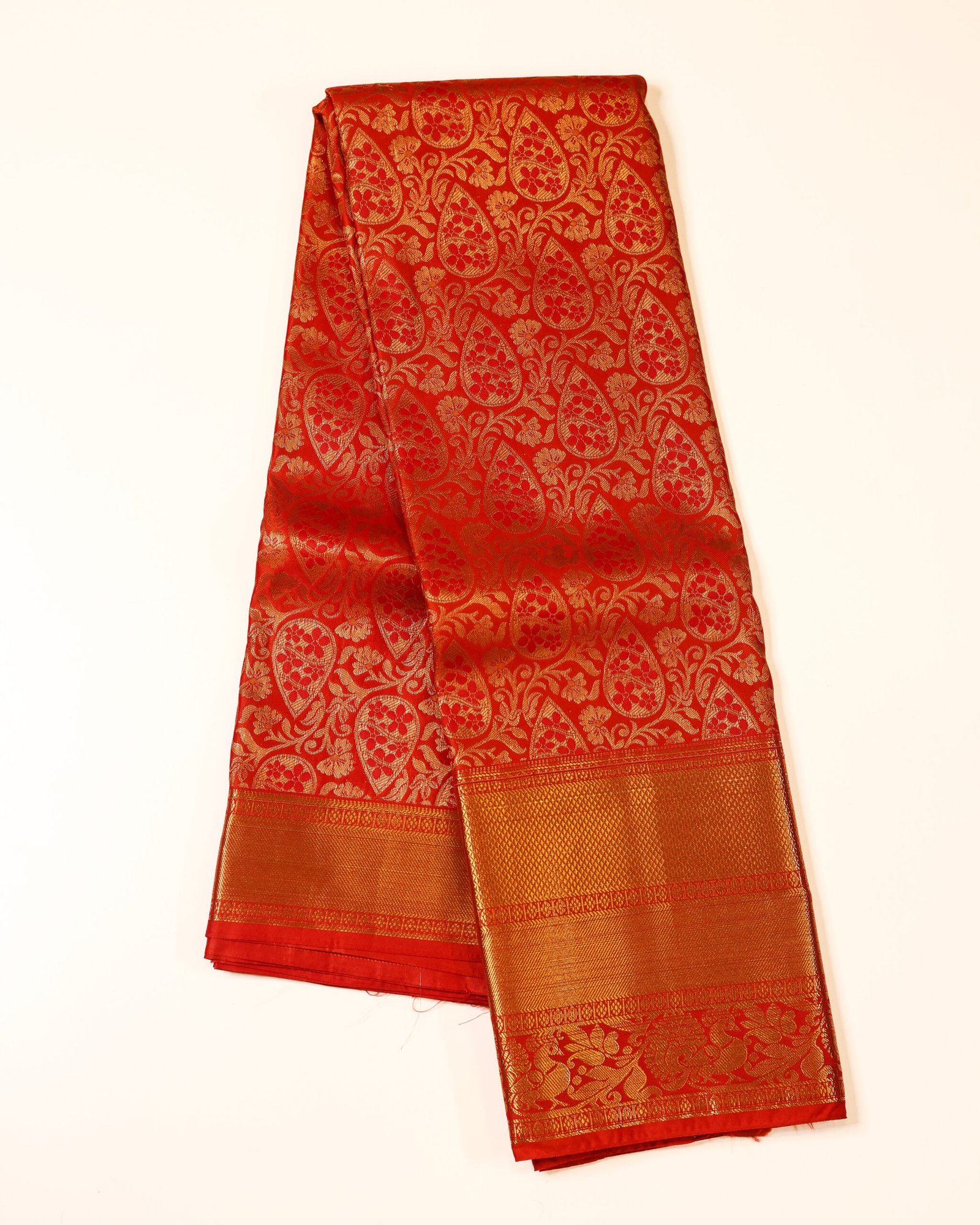 Bright Vermilion Red Brocade Saree - Image 3