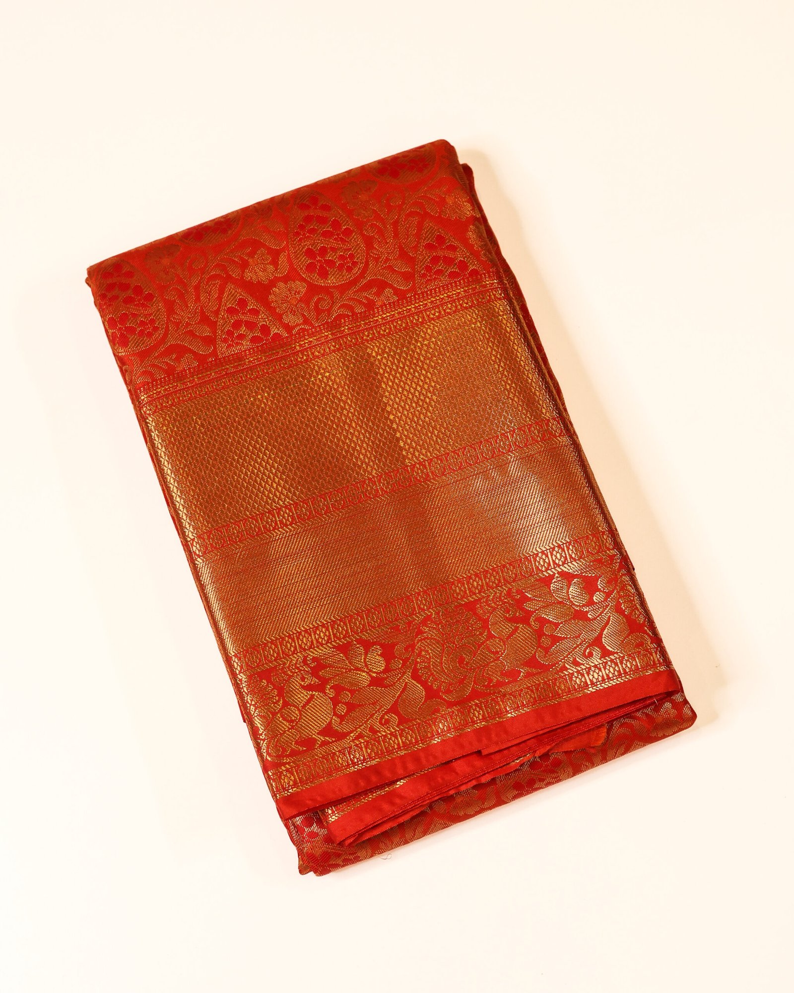 Bright Vermilion Red Brocade Saree