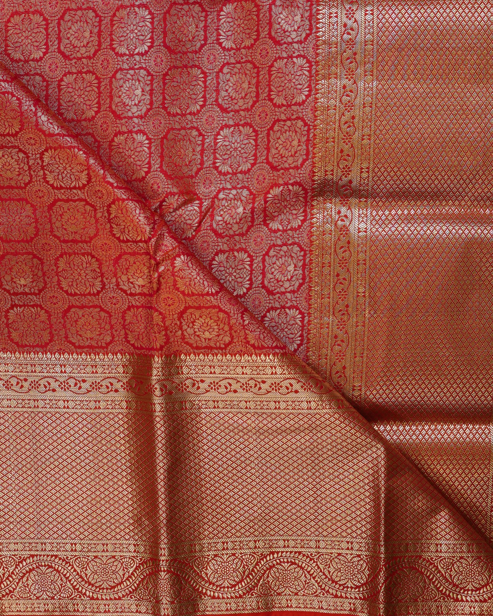 Crimson Red Tissue Brocade Saree - Image 3