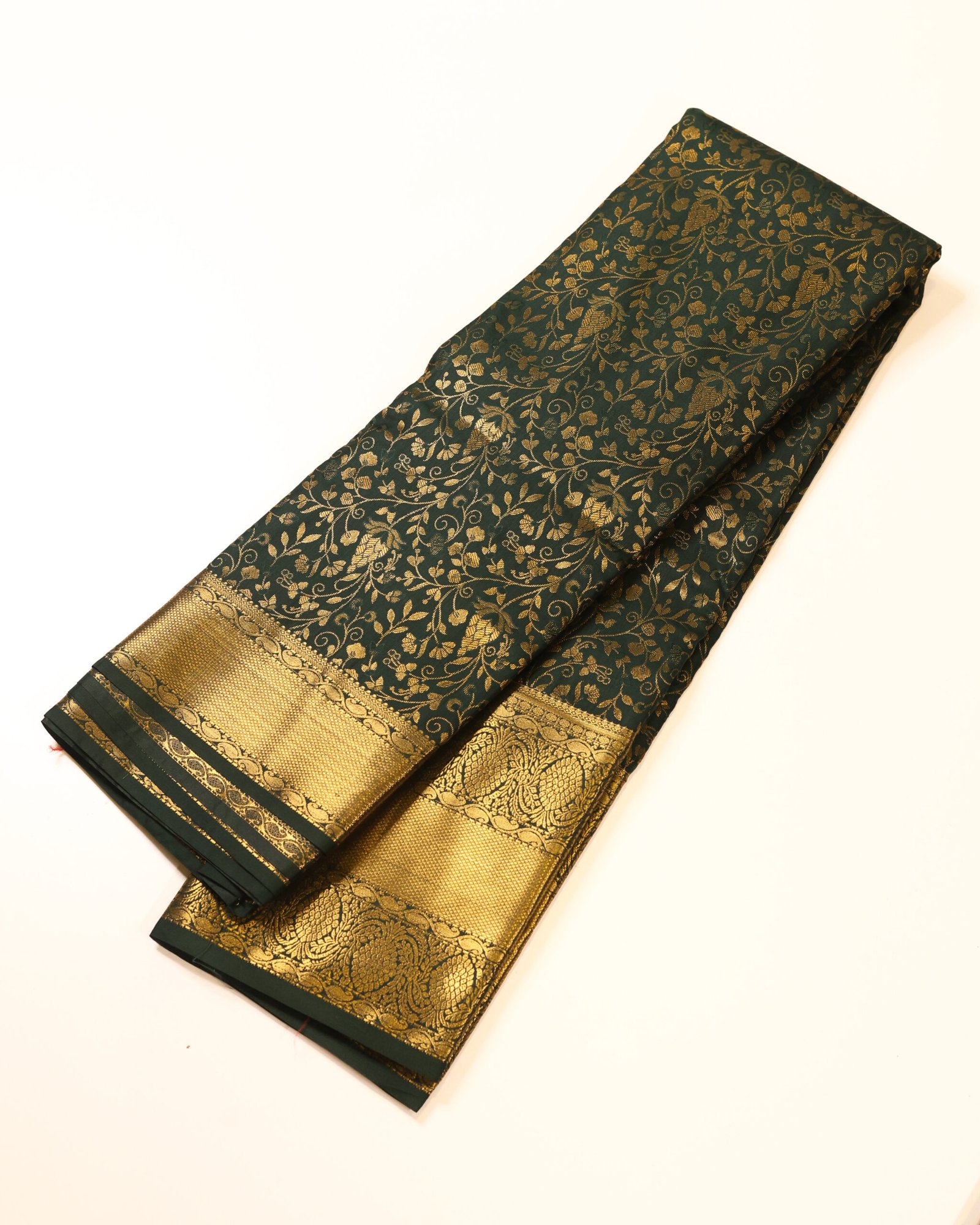 Deep Emerald Green Brocade Saree - Image 3