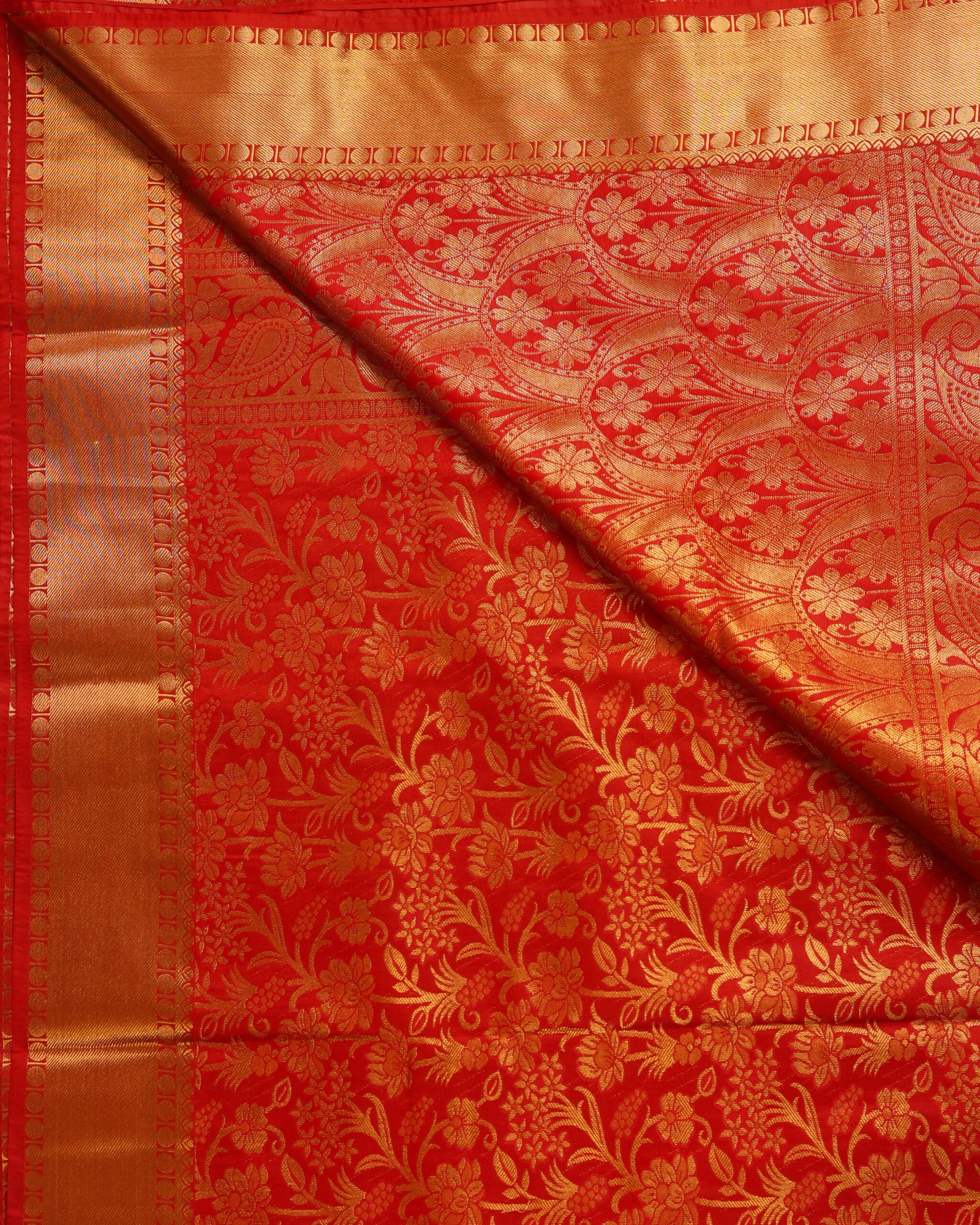Bright Vermilion Red Designer Brocade Saree - Image 3