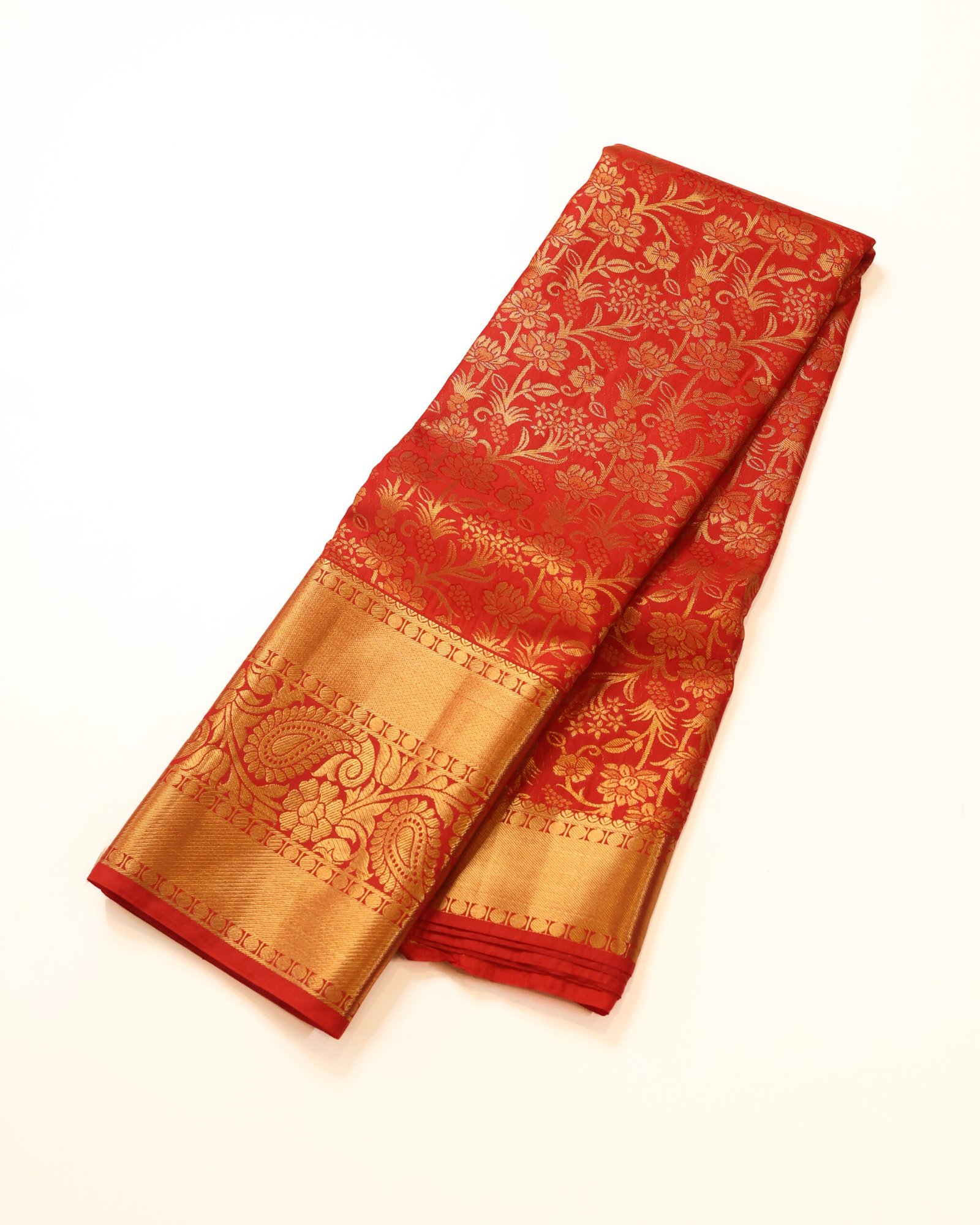 Bright Vermilion Red Designer Brocade Saree - Image 2
