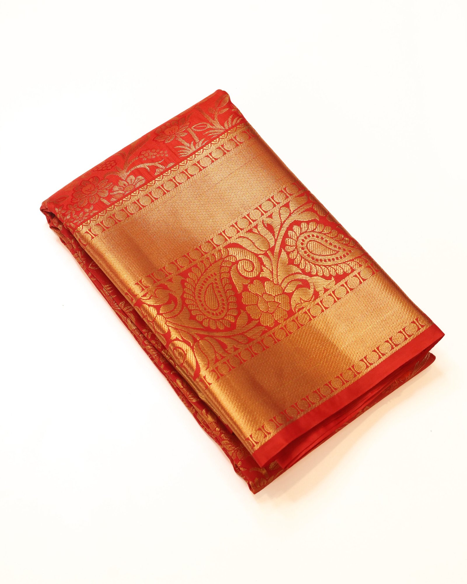 Bright Vermilion Red Designer Brocade Saree