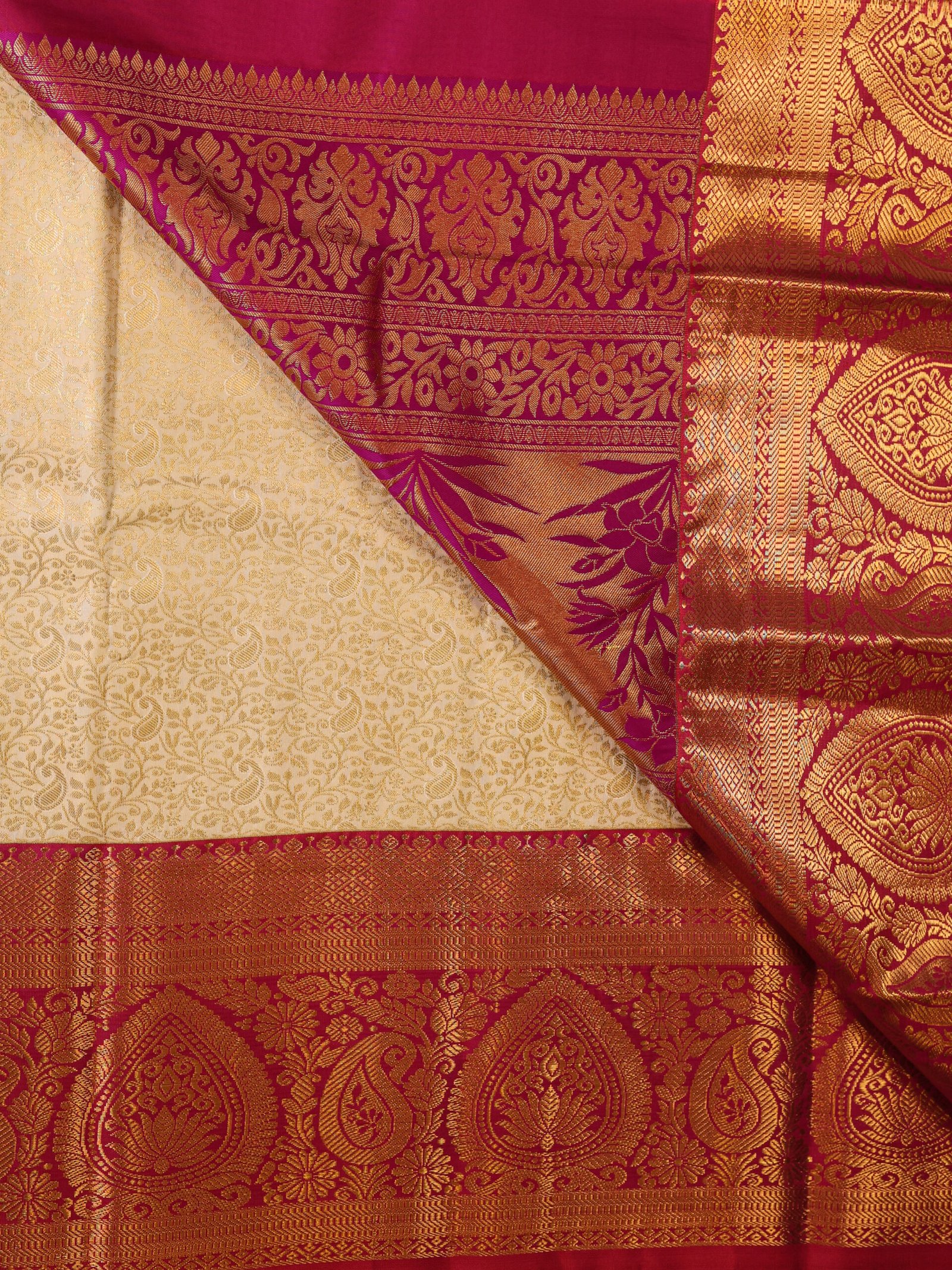 Cream Gold Brocade Kanchipuram Double Shade Saree - Image 2