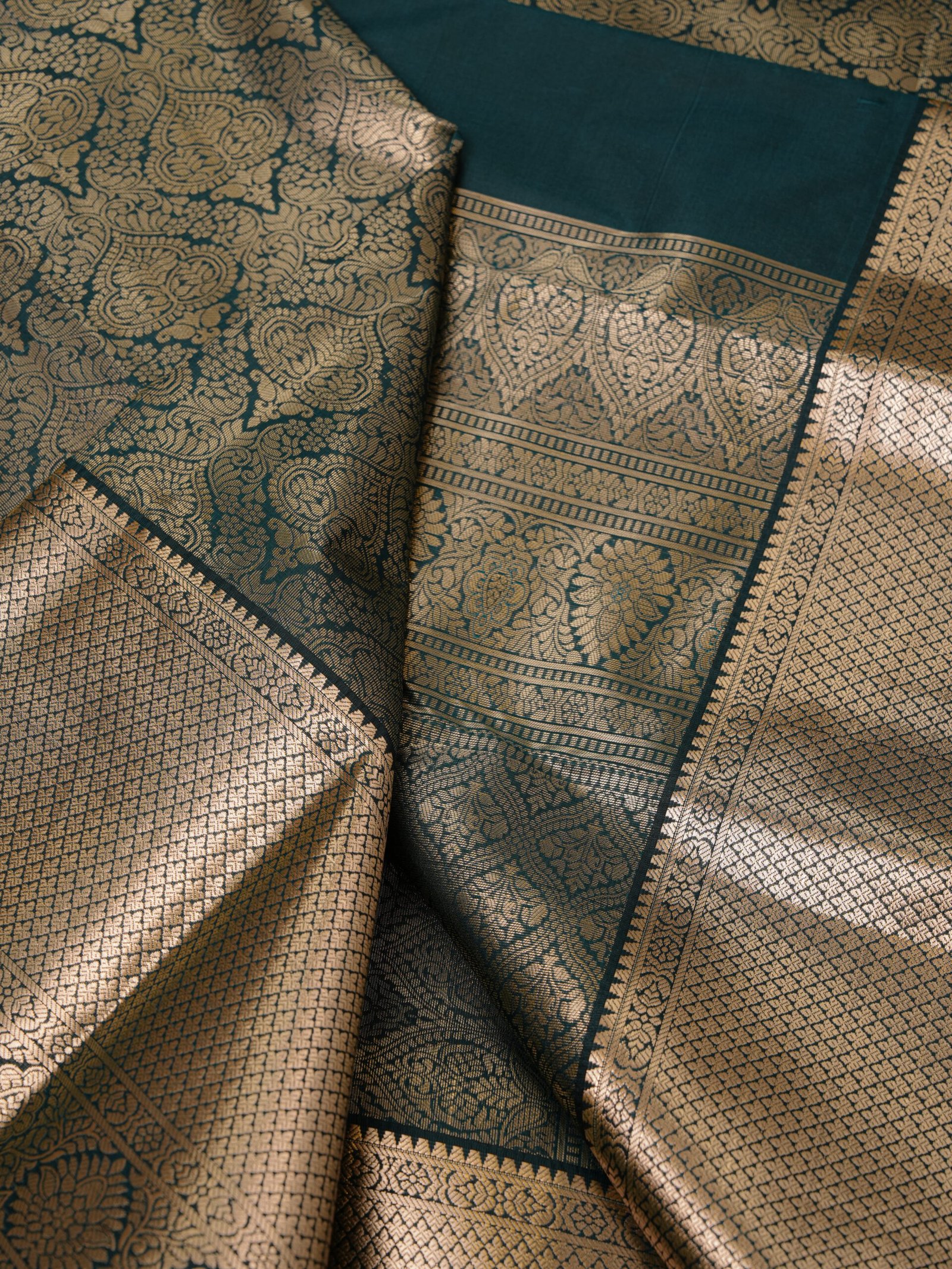 Dark Teal Semi Silk Brocade Saree - Image 2