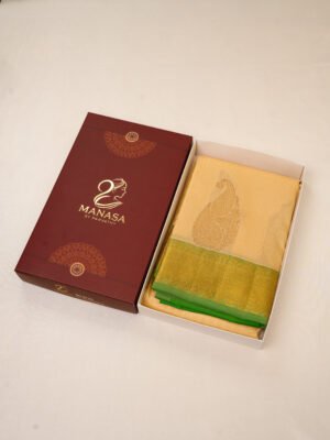 Cream and Parrot Green Kanchipuram Silk Saree