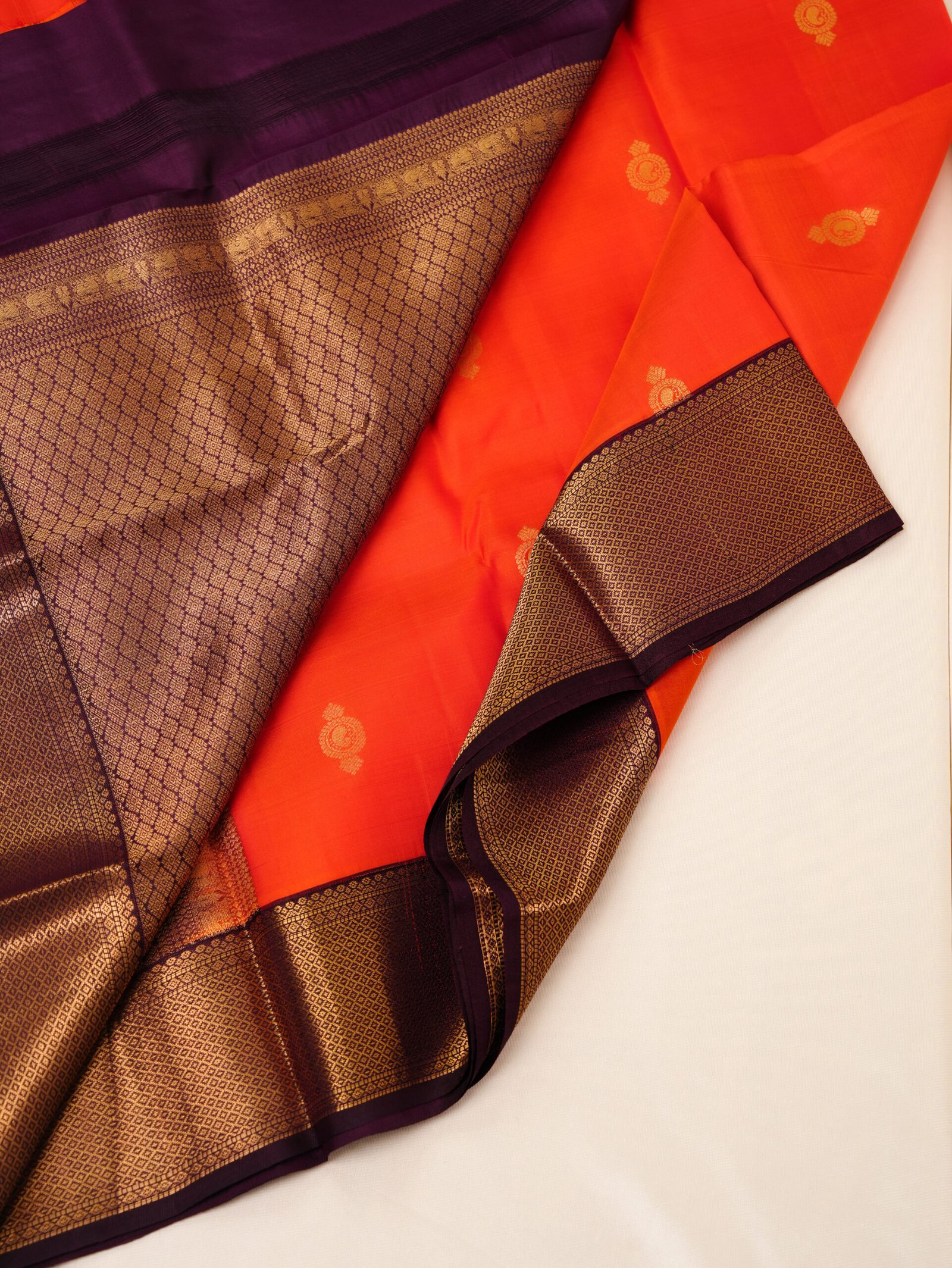 Bright Orange Pure Kanchipuram Silk Saree - Image 3