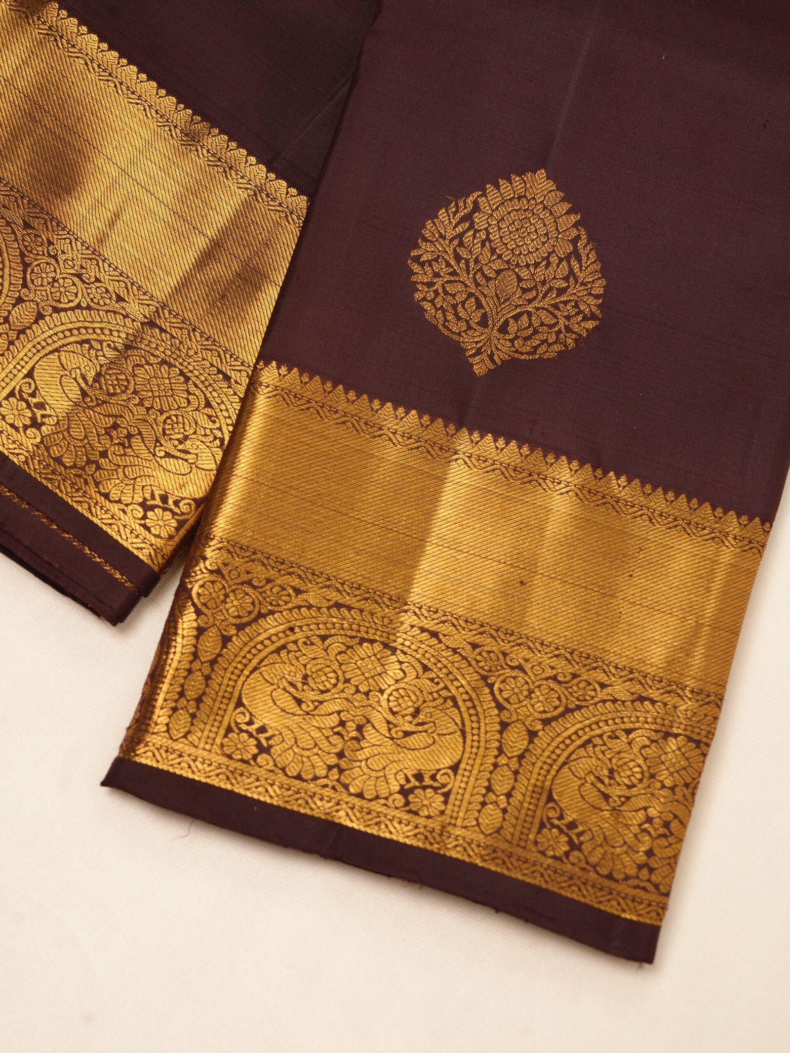 Dark Chocolate Brown Pure Kanchipuram Silk Saree - Image 3