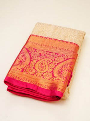 Cream and Rani Pink Kanchipuram Brocade Saree