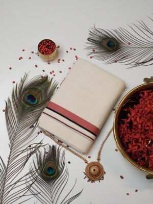 Rose Pink & Black Stripe Pure Handloom Set Mundu