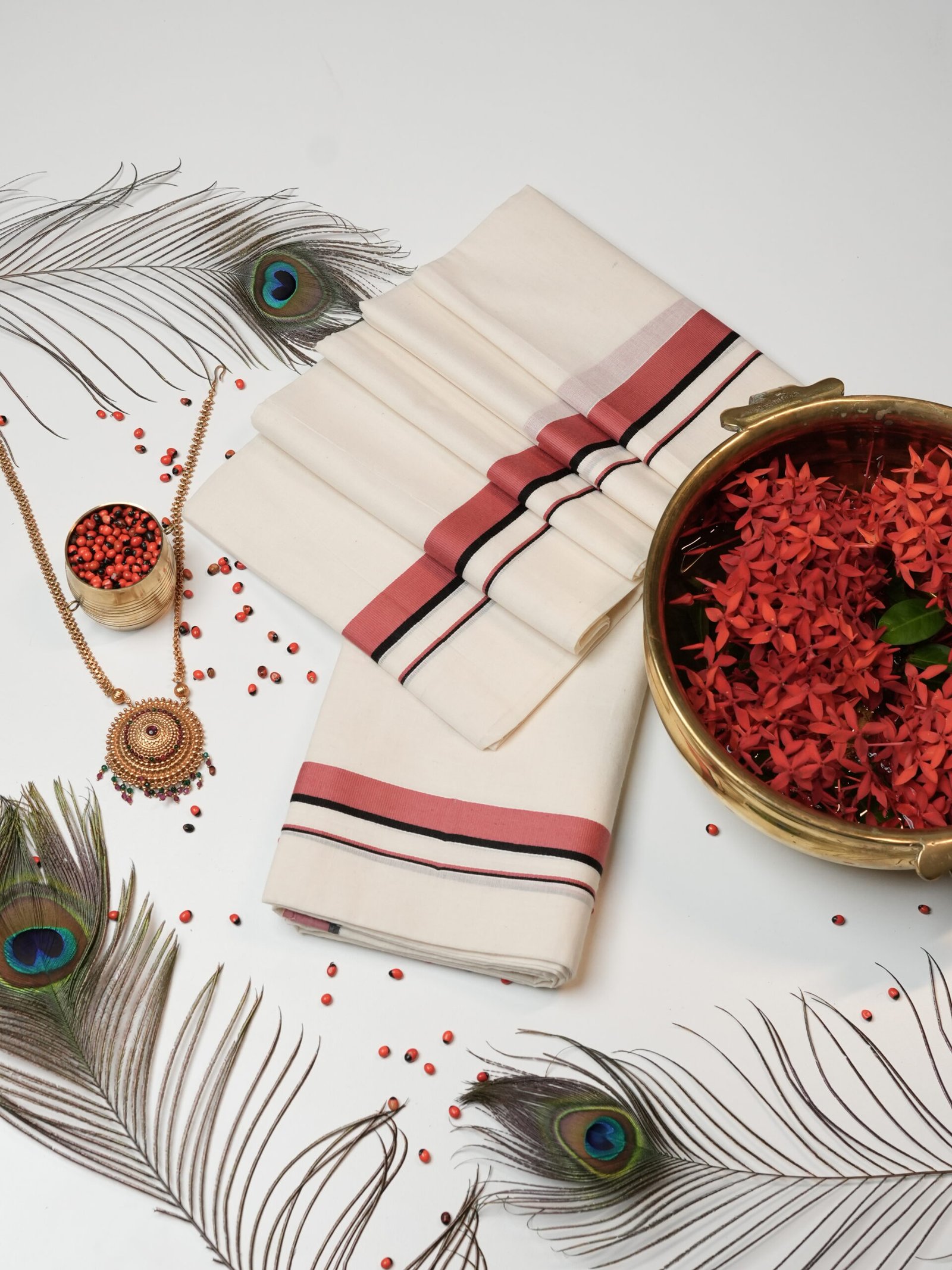 Rose Pink & Black Stripe Pure Handloom Set Mundu - Image 4