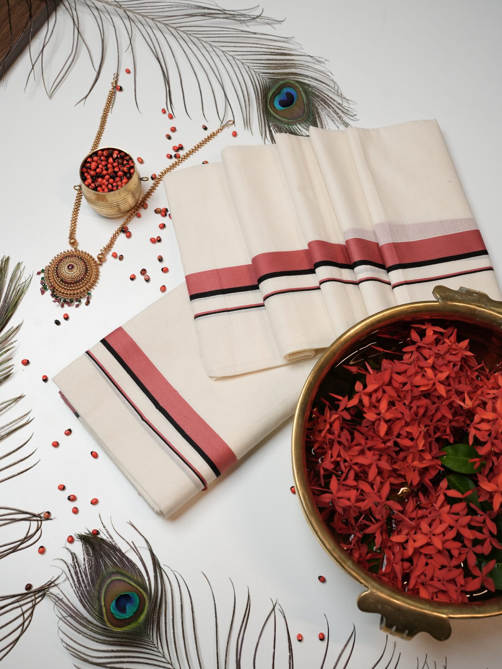 Rose Pink & Black Stripe Pure Handloom Set Mundu - Image 5
