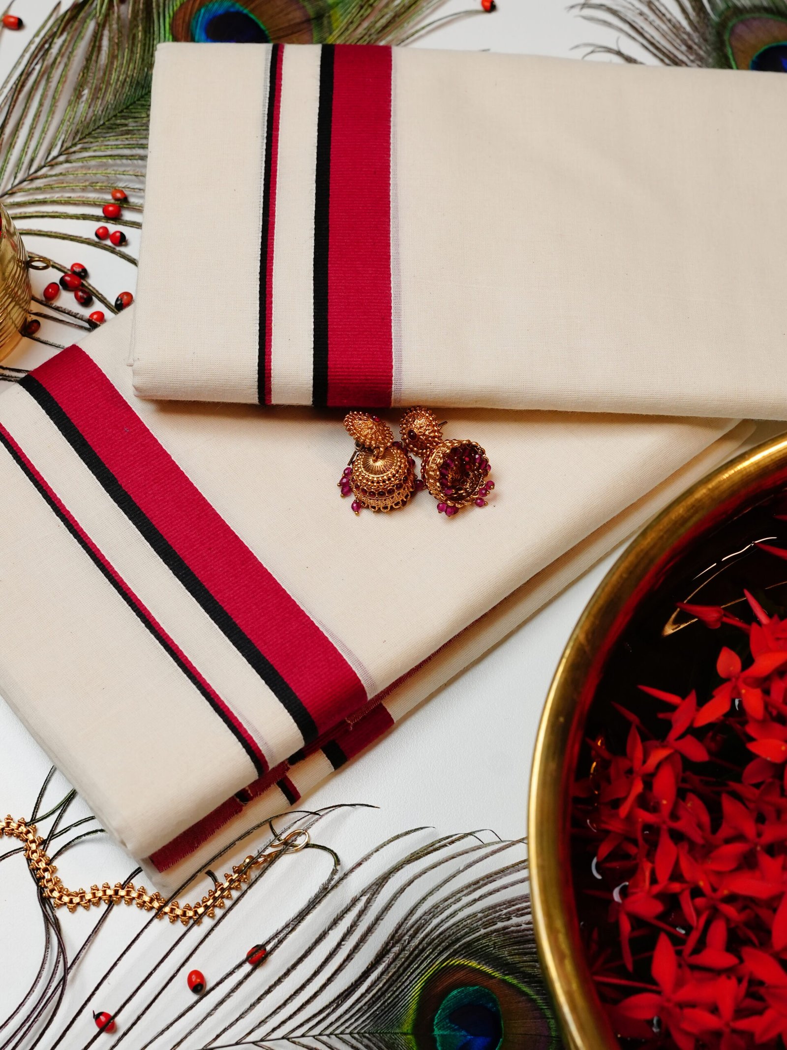 Maroon & Black Stripe Pure Handloom Set Mundu - Image 4