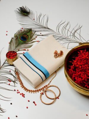 Sky Blue & Black Stripe Pure Handloom Set Mundu