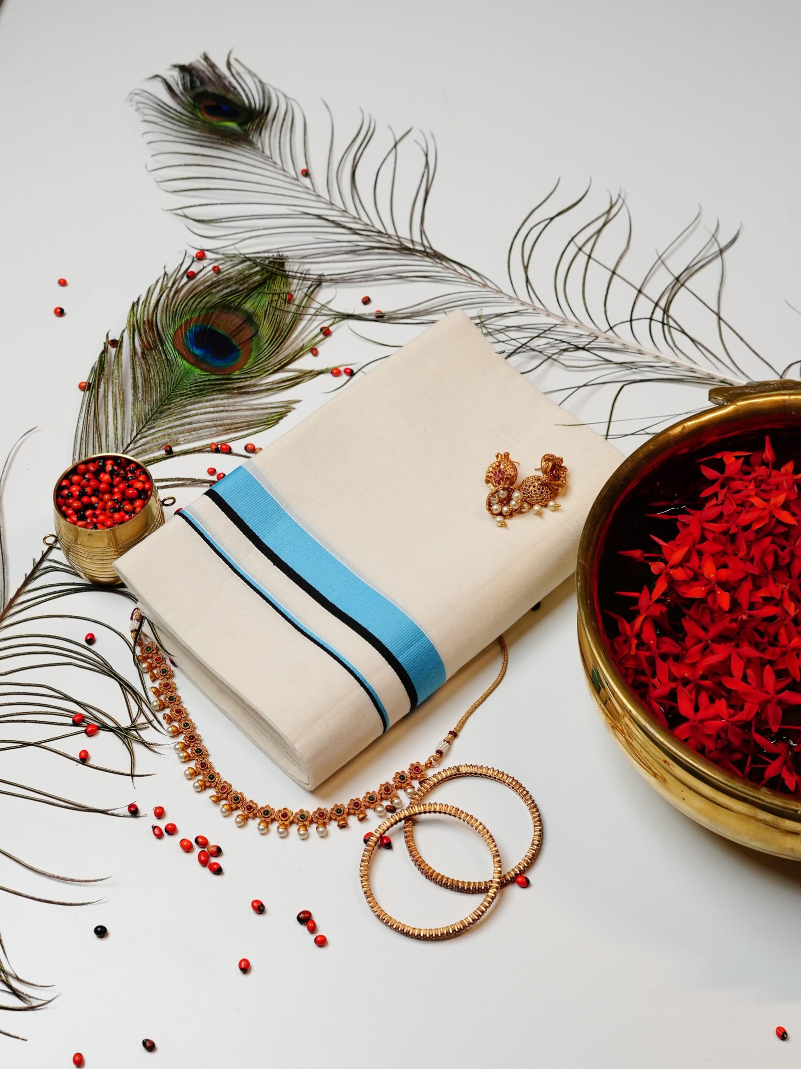 Sky Blue & Black Stripe Pure Handloom Set Mundu