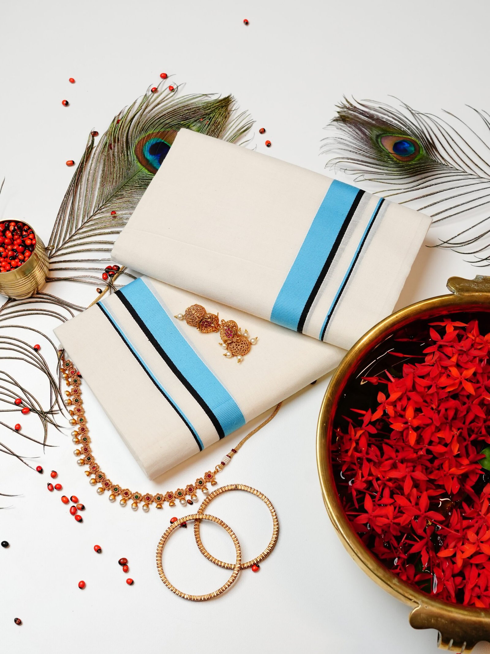 Sky Blue & Black Stripe Pure Handloom Set Mundu - Image 2