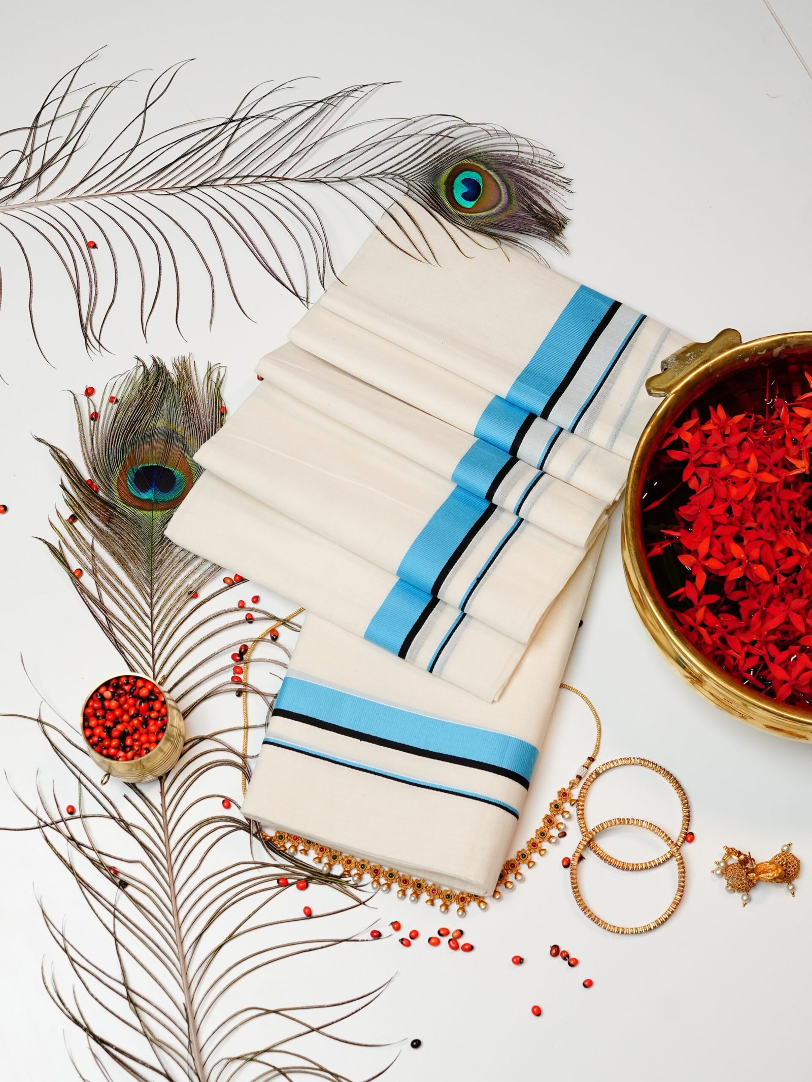 Sky Blue & Black Stripe Pure Handloom Set Mundu - Image 4