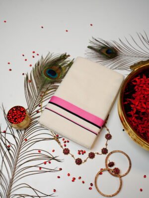 Bright Pink & Black Stripe Pure Handloom Set Mundu