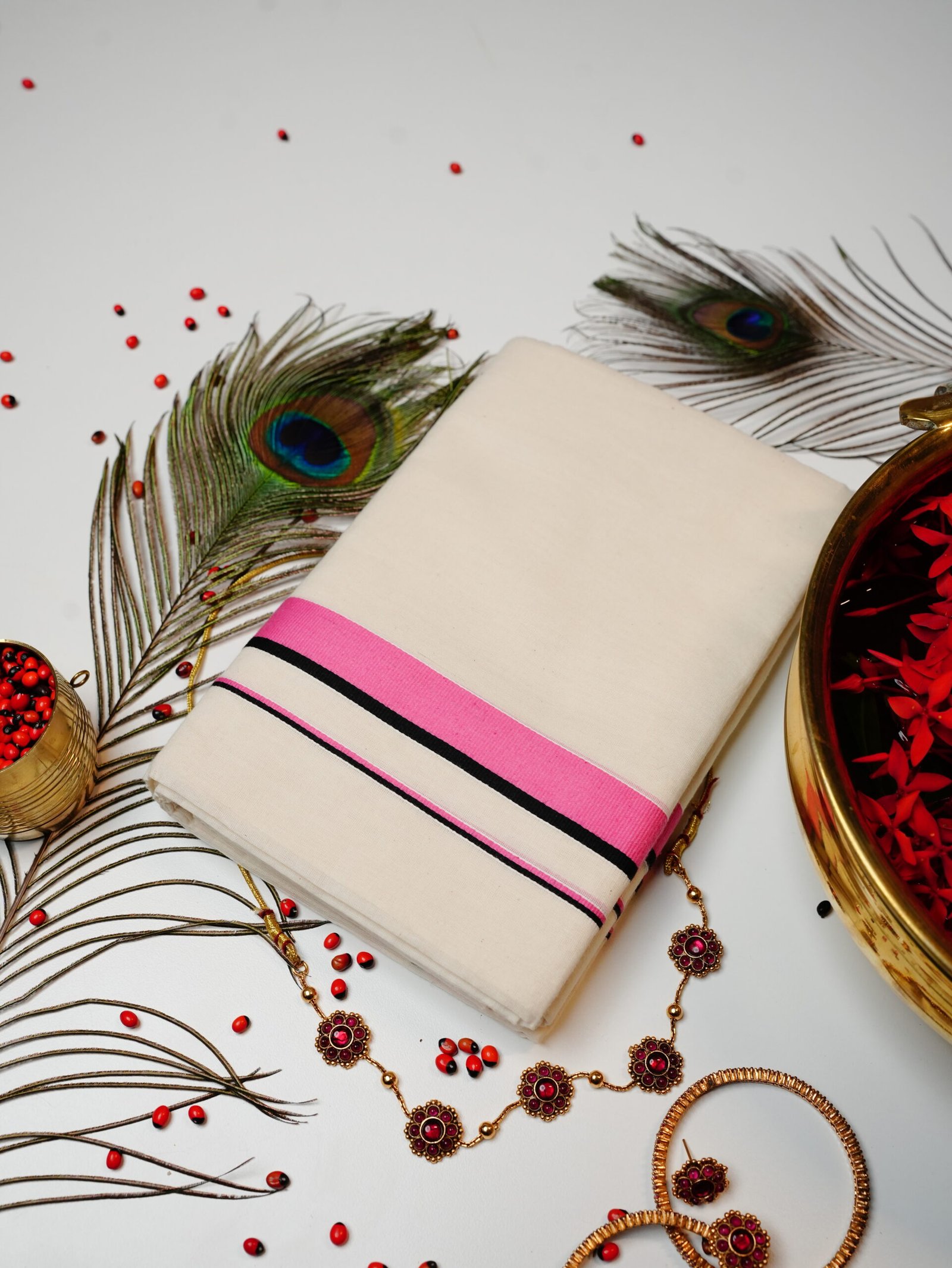 Bright Pink & Black Stripe Pure Handloom Set Mundu - Image 2