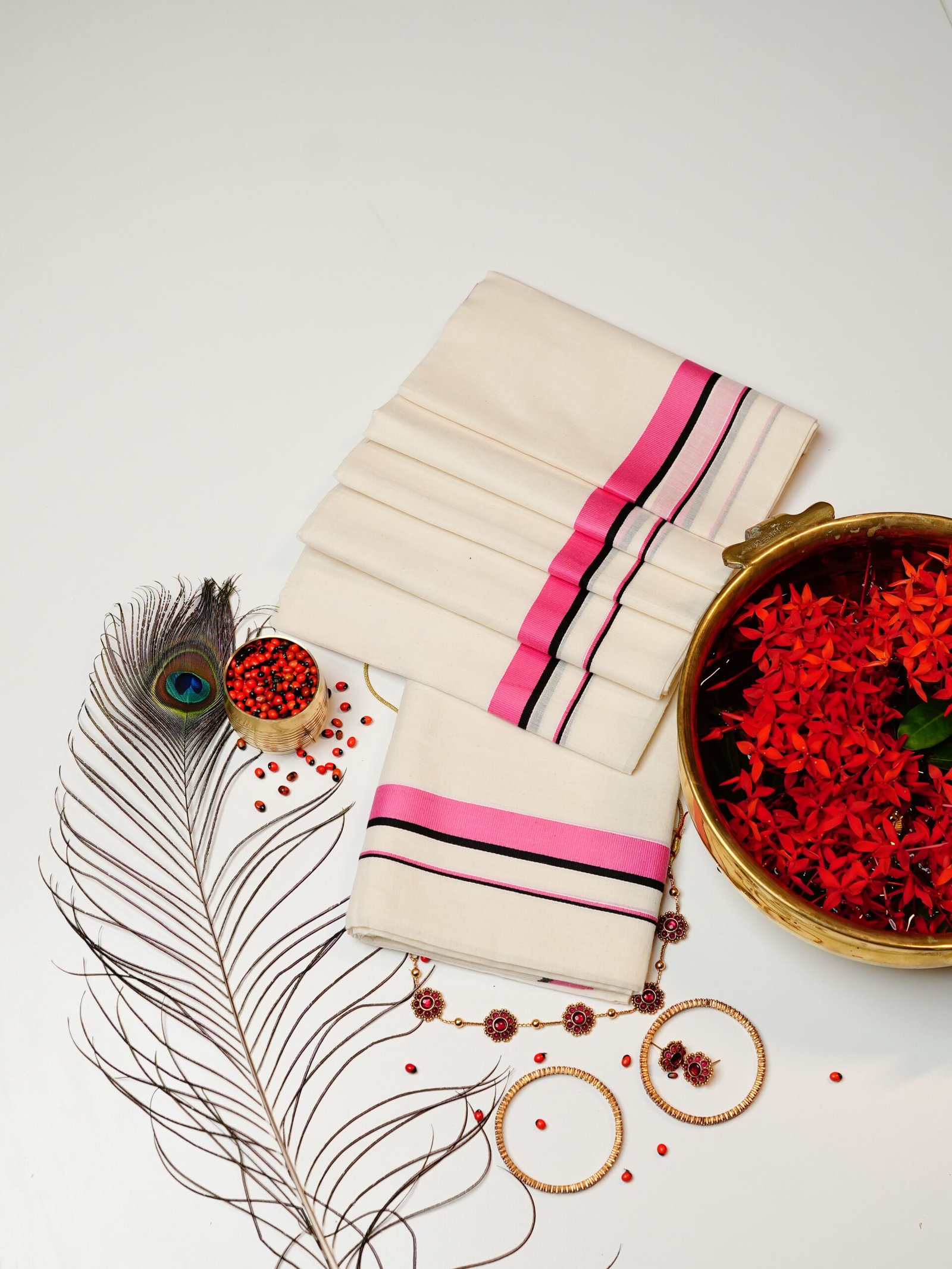 Bright Pink & Black Stripe Pure Handloom Set Mundu - Image 4
