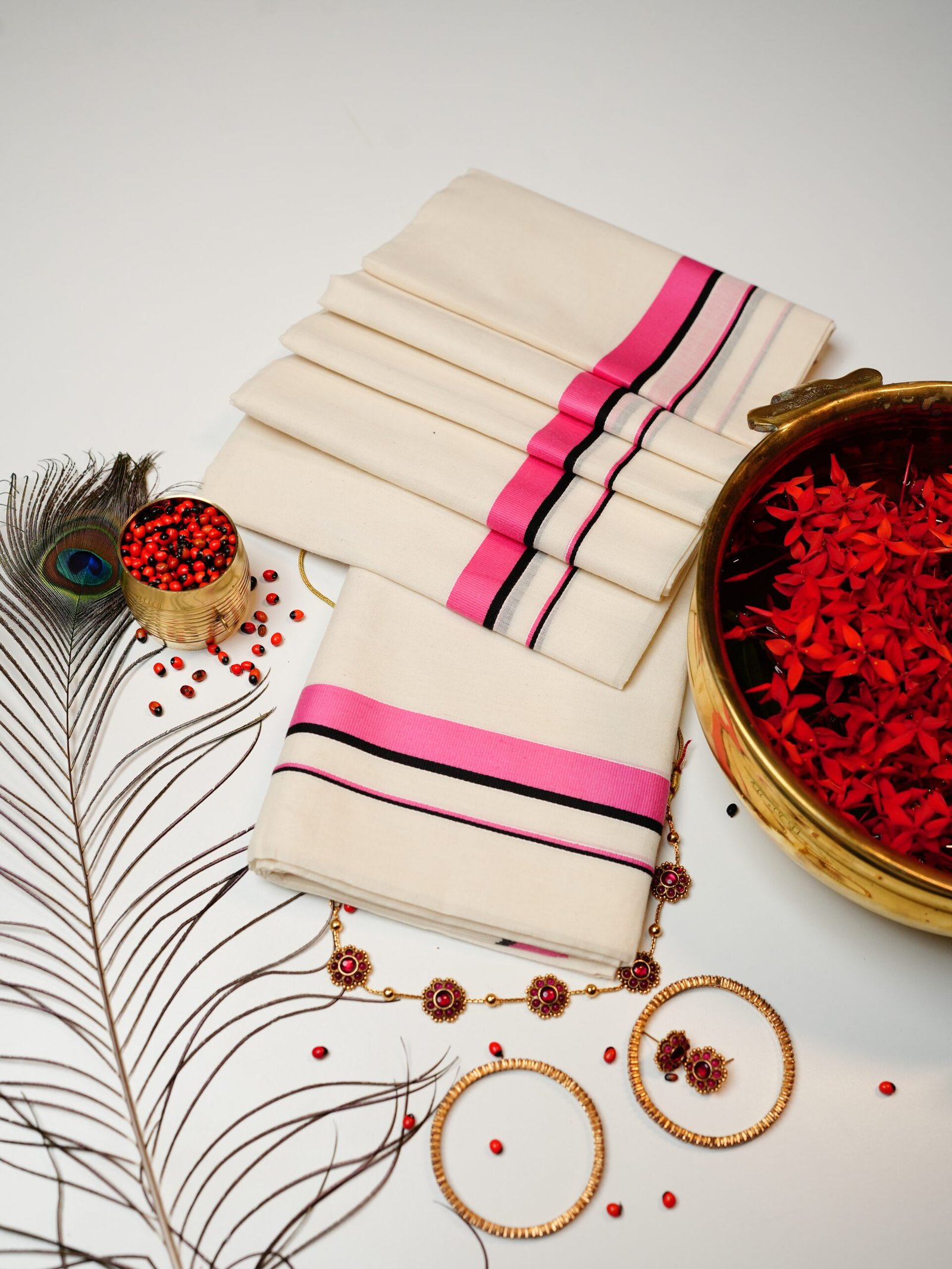 Bright Pink & Black Stripe Pure Handloom Set Mundu - Image 5