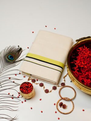 Lemon Yellow & Black Stripe Pure Handloom Set Mundu