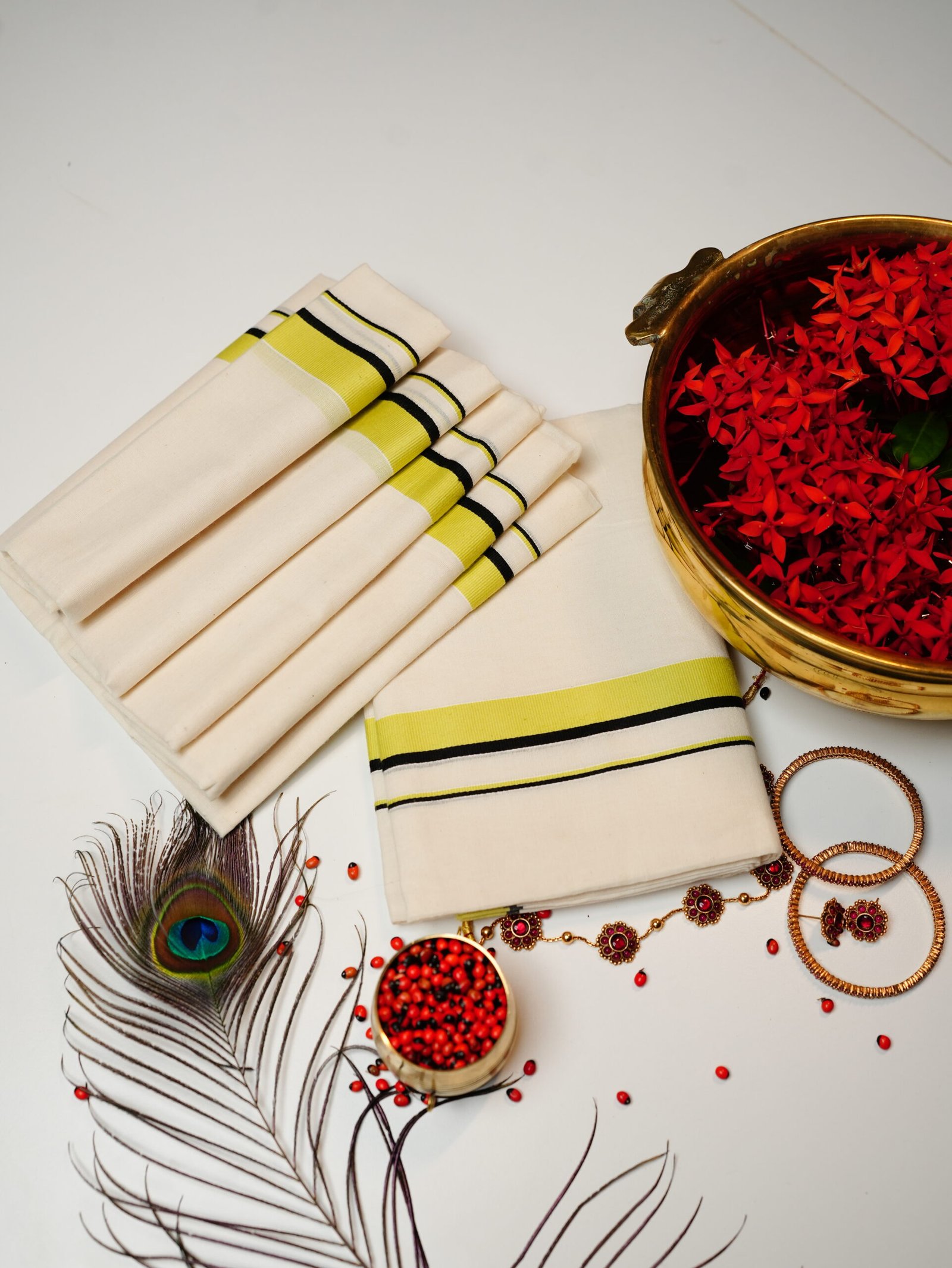 Lemon Yellow & Black Stripe Pure Handloom Set Mundu - Image 5