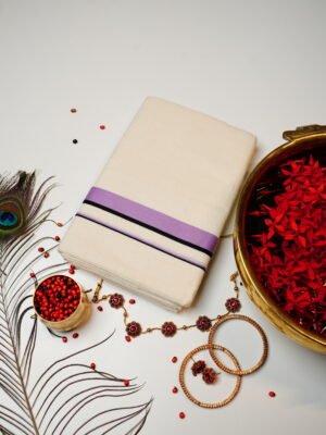 Lavender & Black Stripe Pure Handloom Set Mundu
