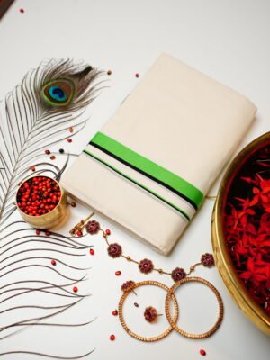 Parrot Green & Black Stripe Pure Handloom Set Mundu