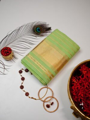 Parrot Green Golden Border Pure Handloom Set Mundu