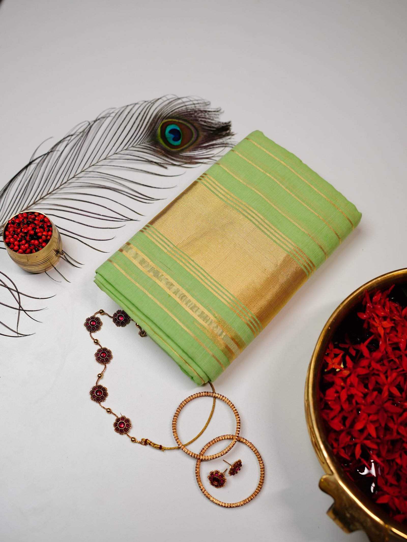 Parrot Green Golden Border Pure Handloom Set Mundu