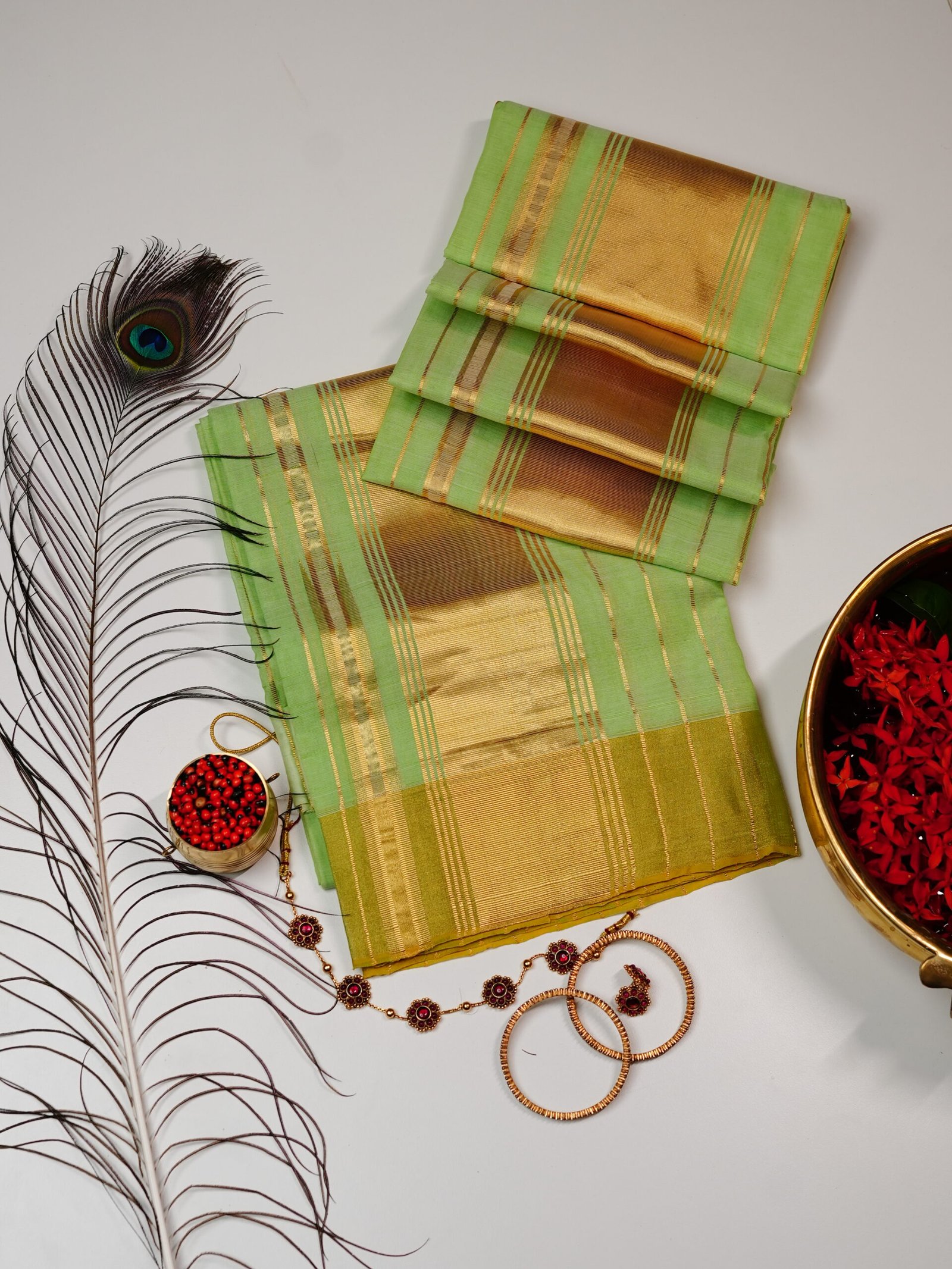 Parrot Green Golden Border Pure Handloom Set Mundu - Image 2