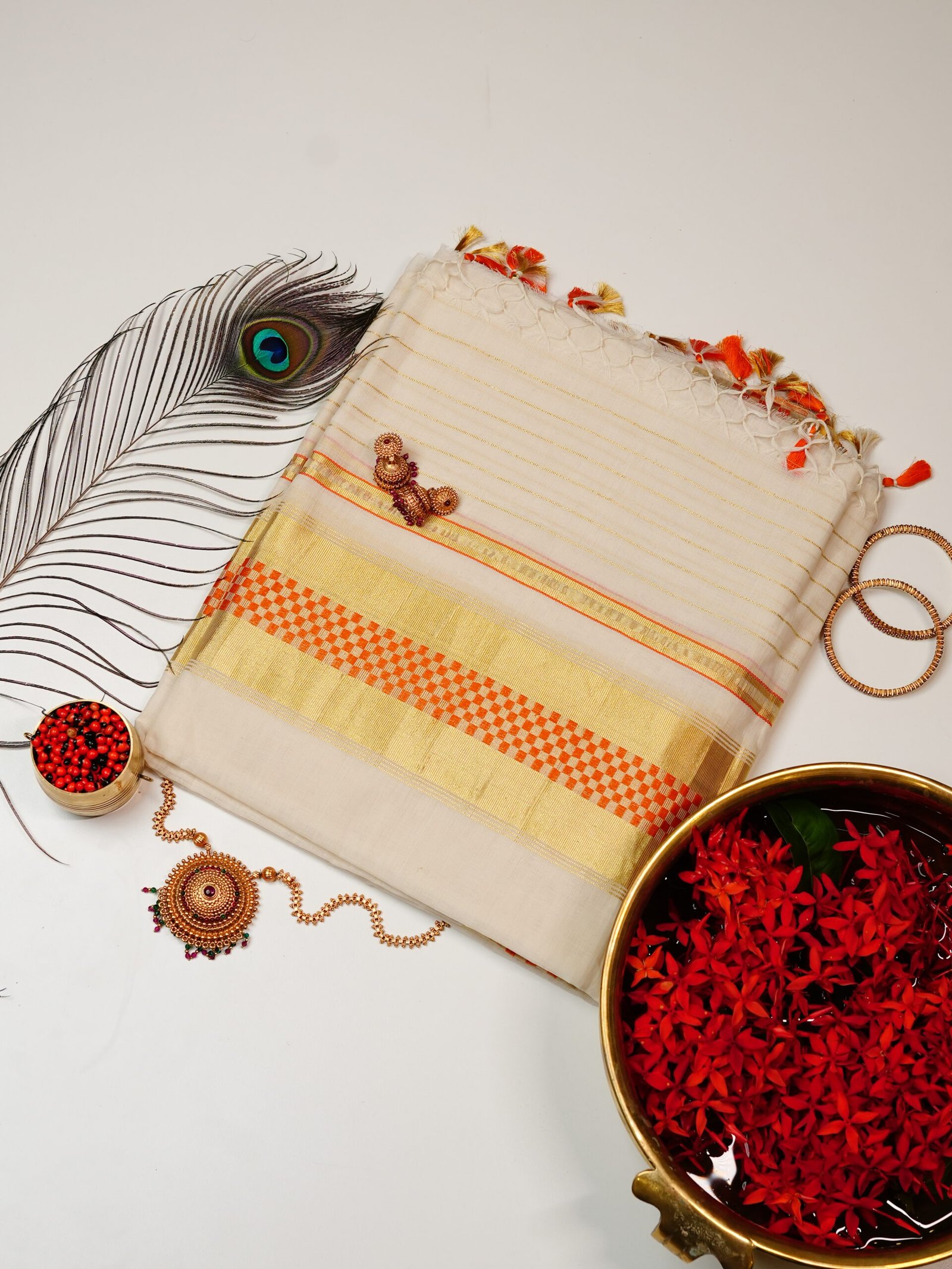 Orange Checks Pure Handloom Set Mundu - Image 2