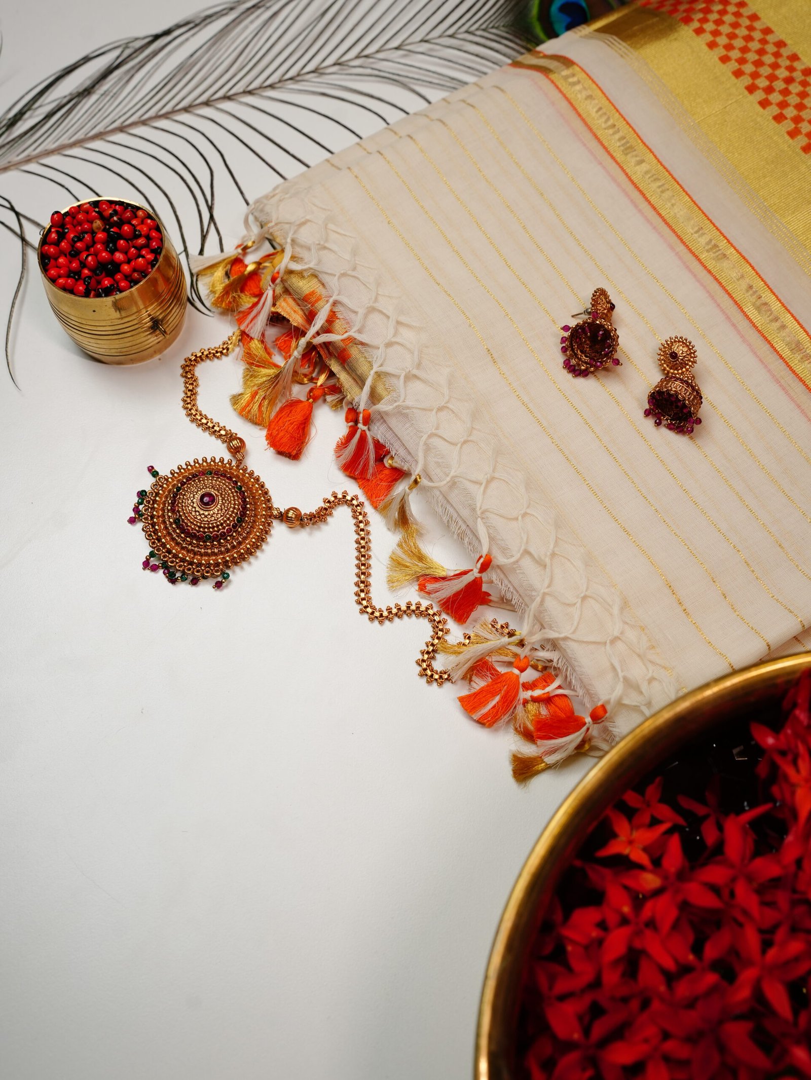 Orange Checks Pure Handloom Set Mundu - Image 3