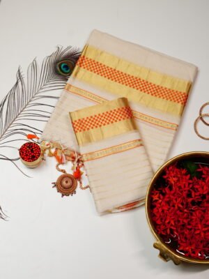 Orange Checks Pure Handloom Set Mundu