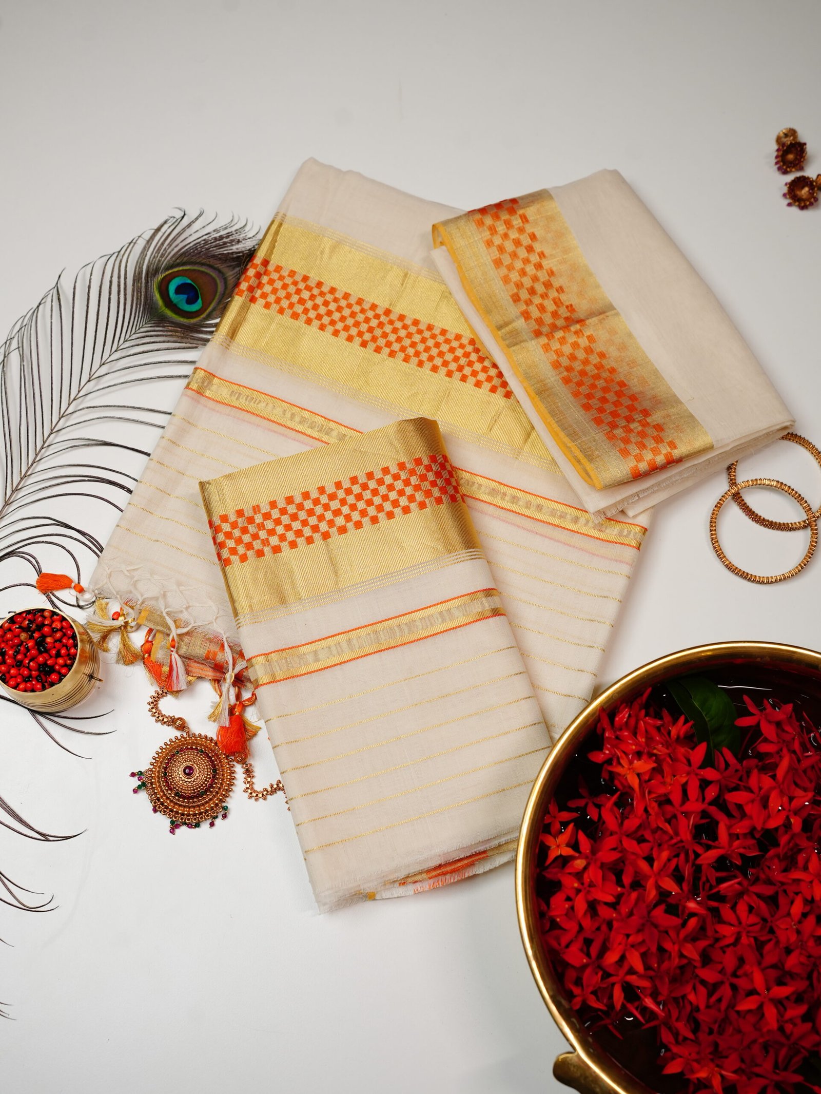 Orange Checks Pure Handloom Set Mundu - Image 4